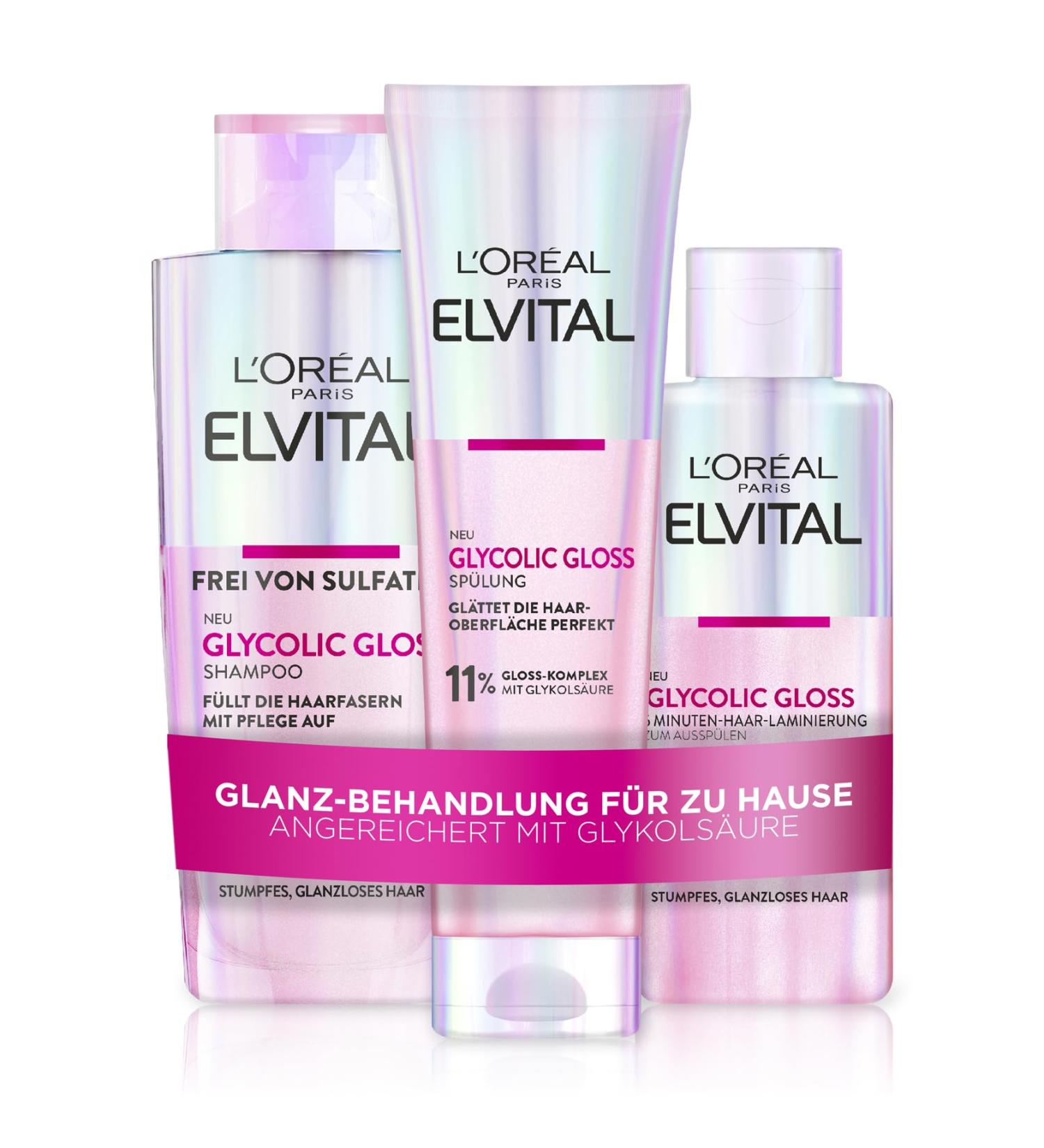 L'Or al Paris Elvital Glycolic Gloss Bundle | Shampoo Rinse & 5-Minute Hair Lamination for Shine & Quality - International Shipping Available - Buy Online on GoSupps.com