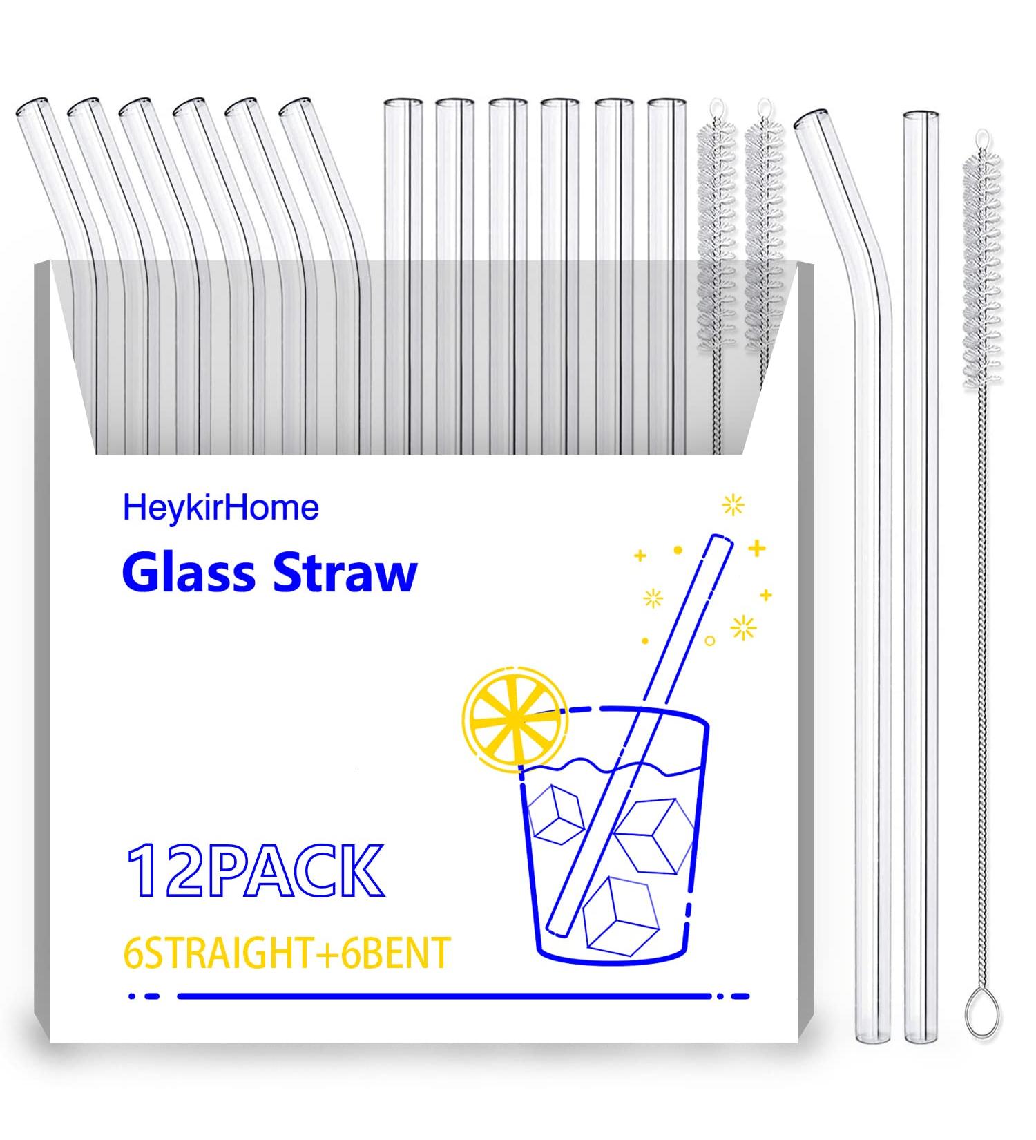 HeykirHome 12-Pack Reusable Glass Straws 8.5''x10 MM - 6 Straight, 6 Bent, 2 Cleaning Brushes - Ideal for Smoothies, Tea, Juice - Buy Online on GoSupps.com