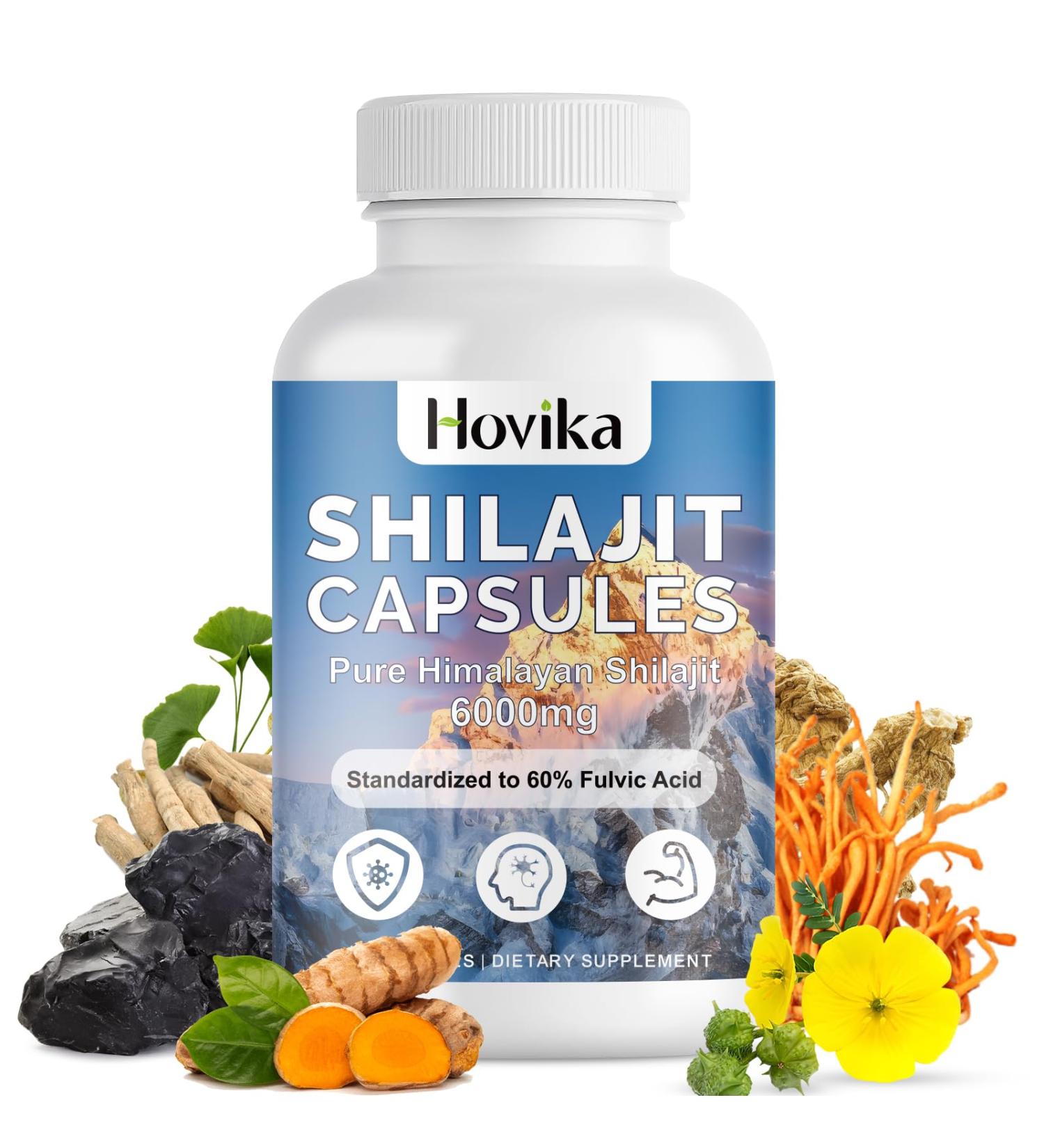 Hovika Shilajit Pure Himalayan 6000MG, Shilajit Resin Supplement for Men & Women 60% Fulvic Acid Shilajit Capsules with Ashwaganhda, Maca, Rhodiola Rosea for Energy, Strength, Immunity, 120 Capsules - Buy Online on GoSupps.com