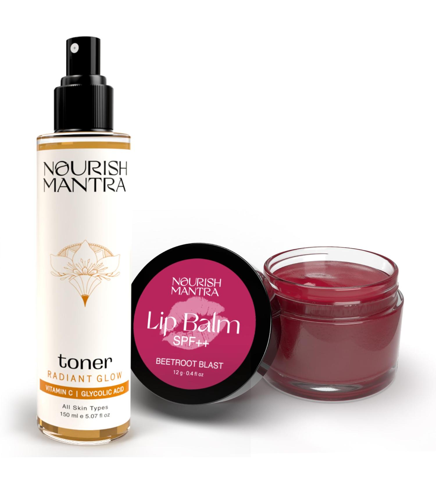 Nourish Mantra Beetroot Blast Lip Balm with SPF 12g and Radiant Glow Toner 150ml Combo - Buy Online on GoSupps.com