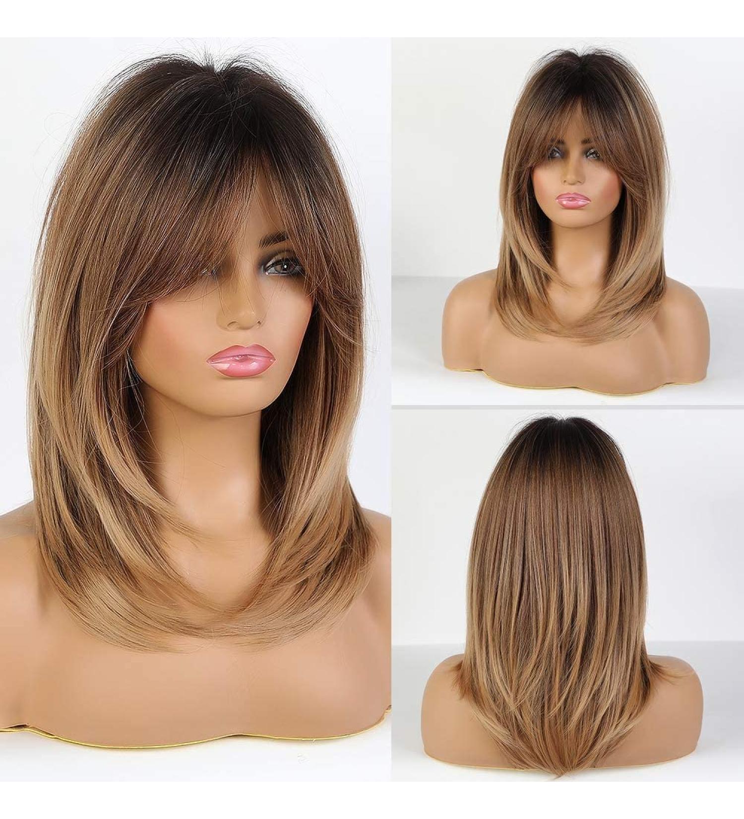 Alanhair Ombre Brown Wigs for Women - Shoulder-Length Layered Heat-Resistant Synthetic Wigs with Bangs - Buy Online on GoSupps.com
