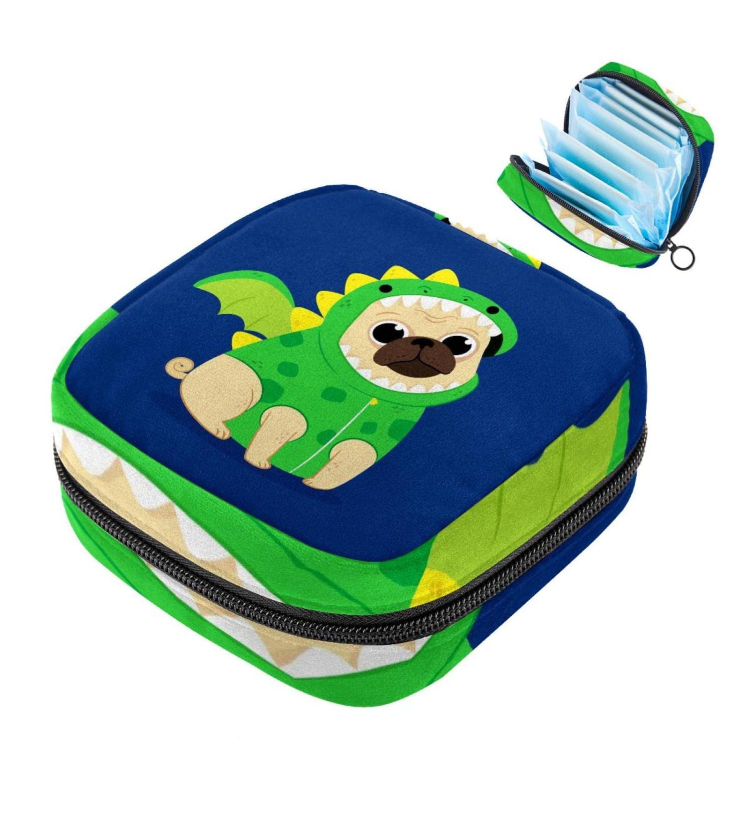 Shop Stylish Menstruation Pad Bags with Zipper | Women's Napkin & Tampon Collection Bags - Navy Blue Dinosaur & Pug Designs - Buy Online on GoSupps.com
