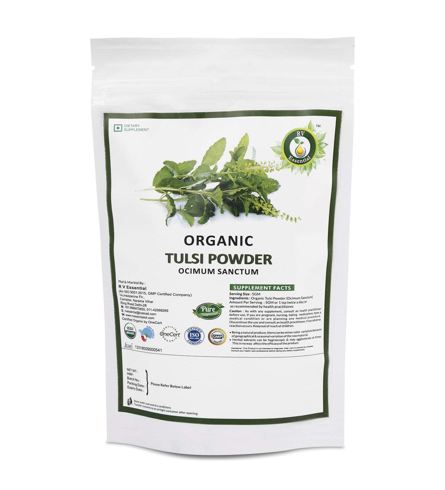 R V Essential Organic Tulsi Powder 100gm/ 3.53oz/ 0.22lb- Ocimum Sanctum Tulsi Leaf Powder Holy Basil Powder USDA Organic Certified Ayurvedic Supplement in Resealable and Reusable Zip Lock Pouch 3.52 Ounce (Pack of 1)
