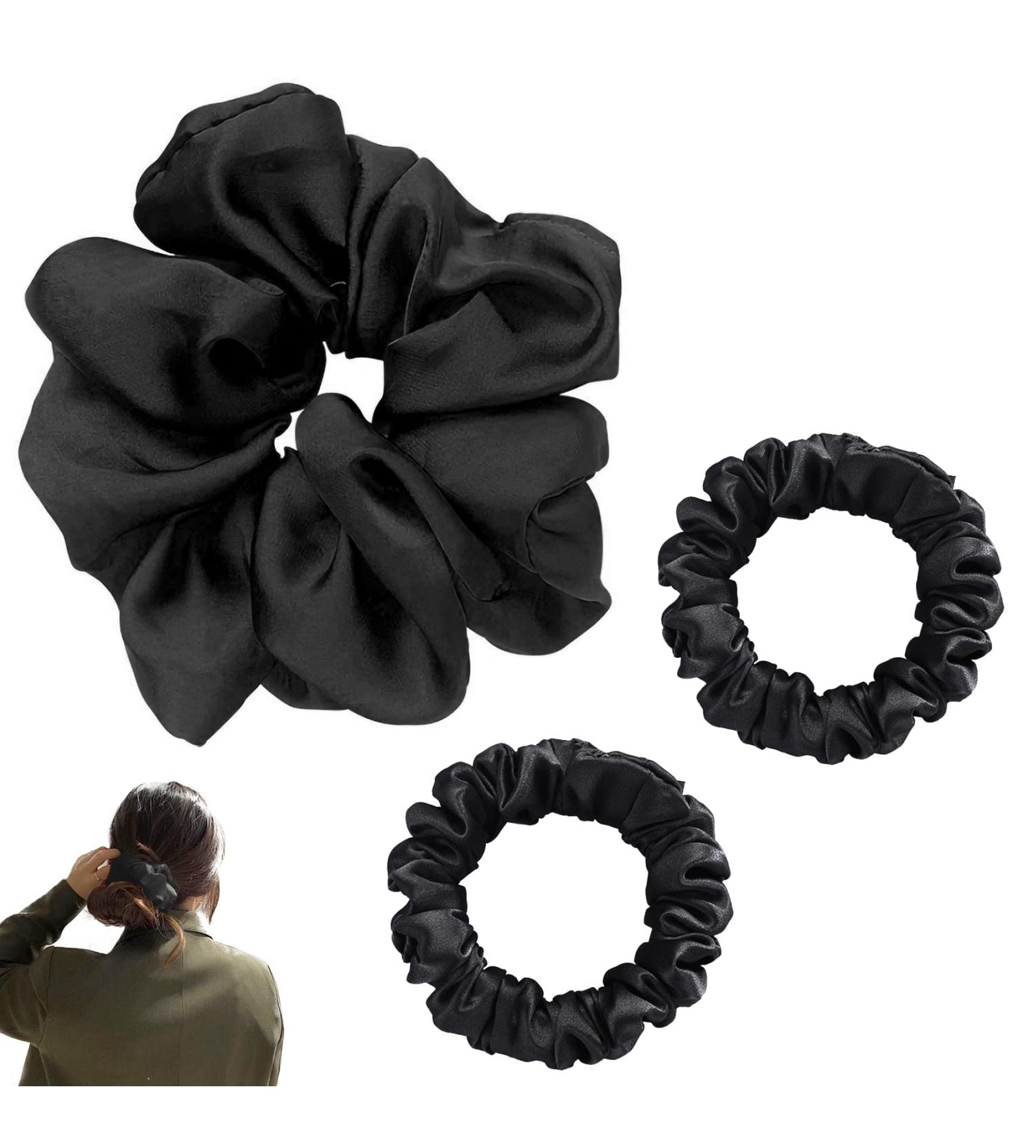 JeoPoom Silk Hair Rope 3 Pieces 11cm and 6cm Silk Hair Rope Regular Donut Hair Ties Silk Scrunchies for Women Girls Ladies(Black) - Buy Online on GoSupps.com