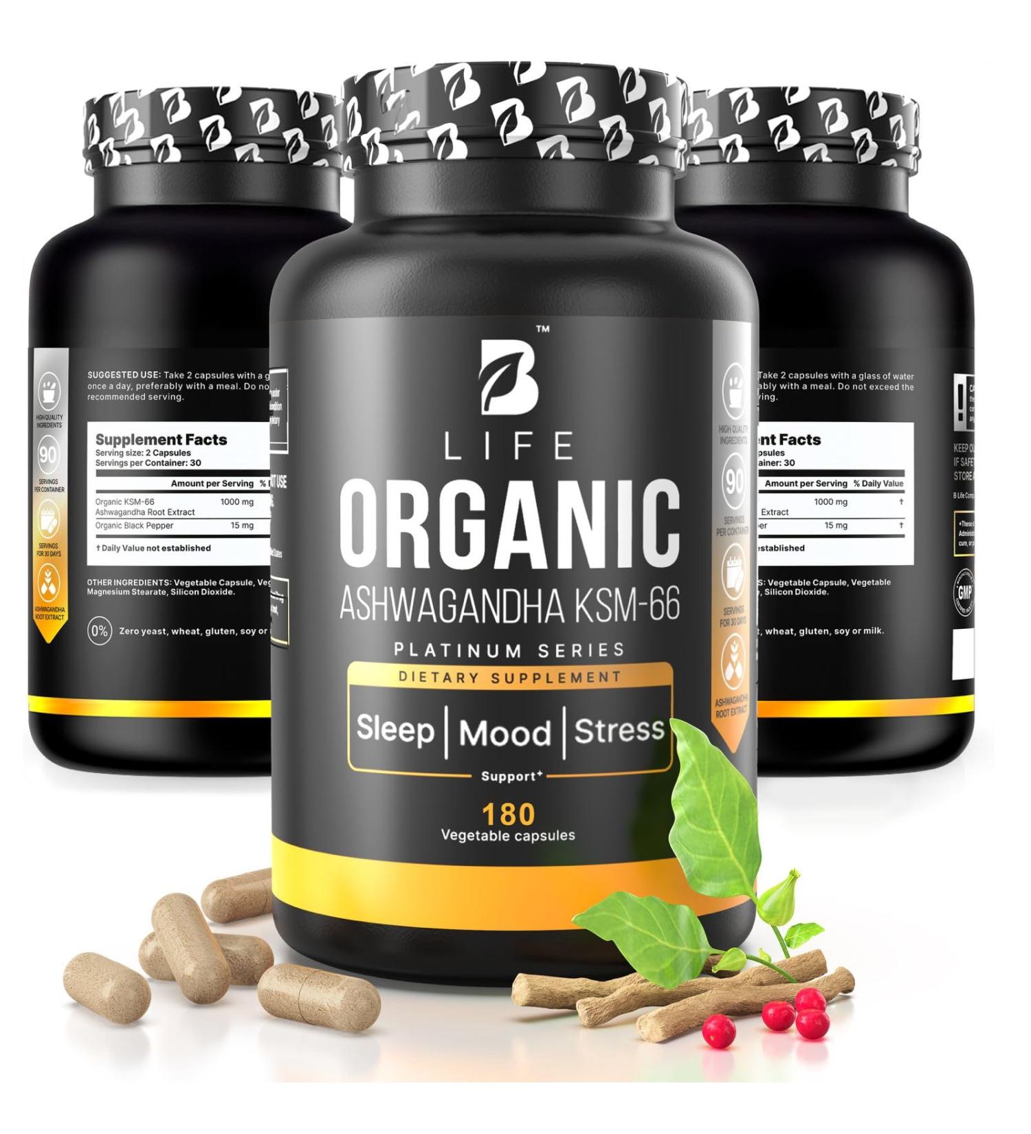 Organic Ashwagandha KSM-66 1000 mg Supplement | Adaptogen for Cortisol Support & Stress Relief | Mood, Calm & Sleep Aid for Men & Women | Ashwagandha ritual vitamins for women | 180 Vegan Caps 180 Count (Pack of 1) - Buy Online on GoSupps.com