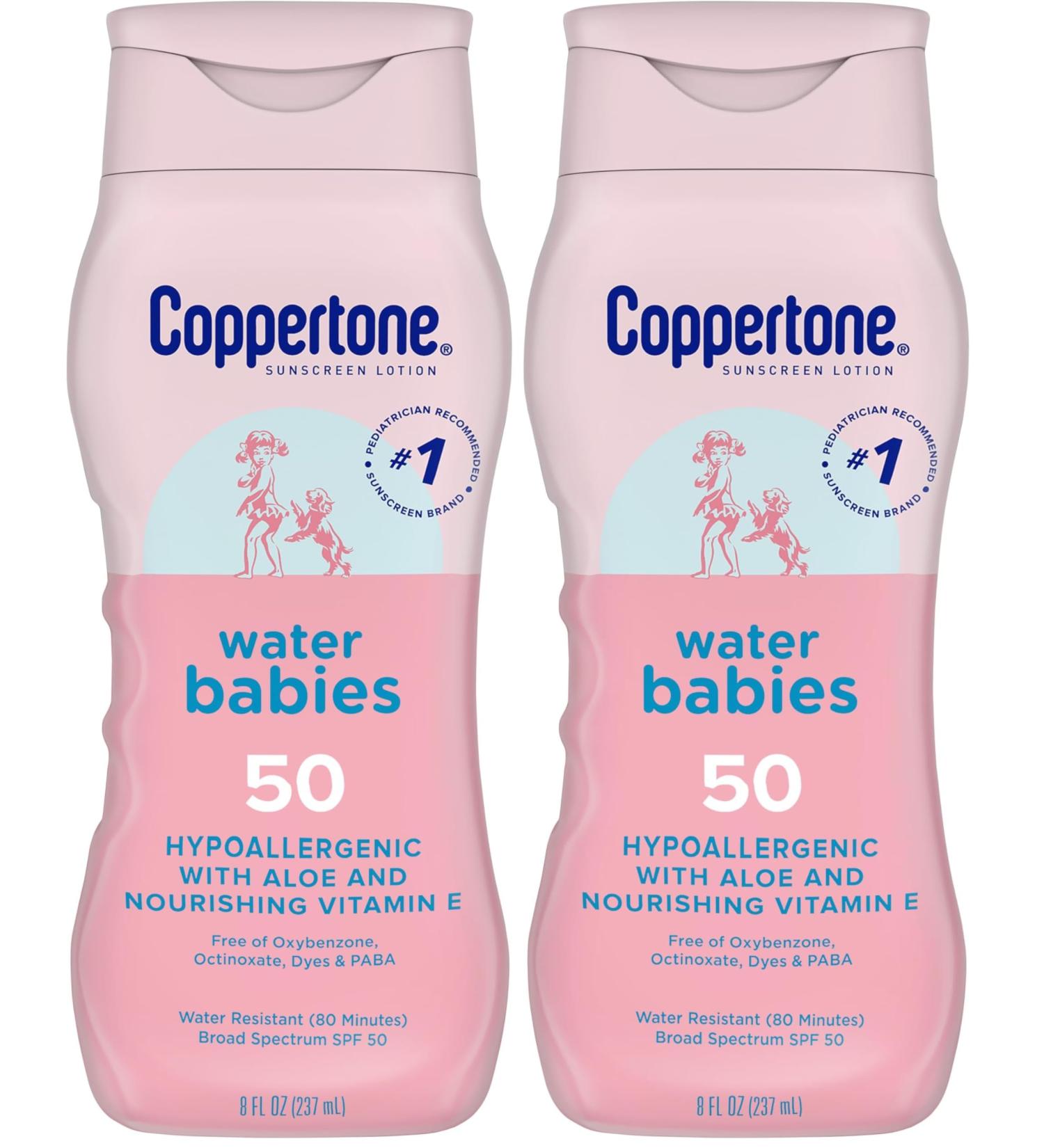 Coppertone WaterBabies Baby Sunscreen Lotion SPF 50 Hypoallergenic Sunscreen for Babies Water Resistant Pediatrician Recommended 8 Fl Oz Bottle (Pack of 2) 8 Fl Oz (Pack of 2) - Buy Online on GoSupps.com