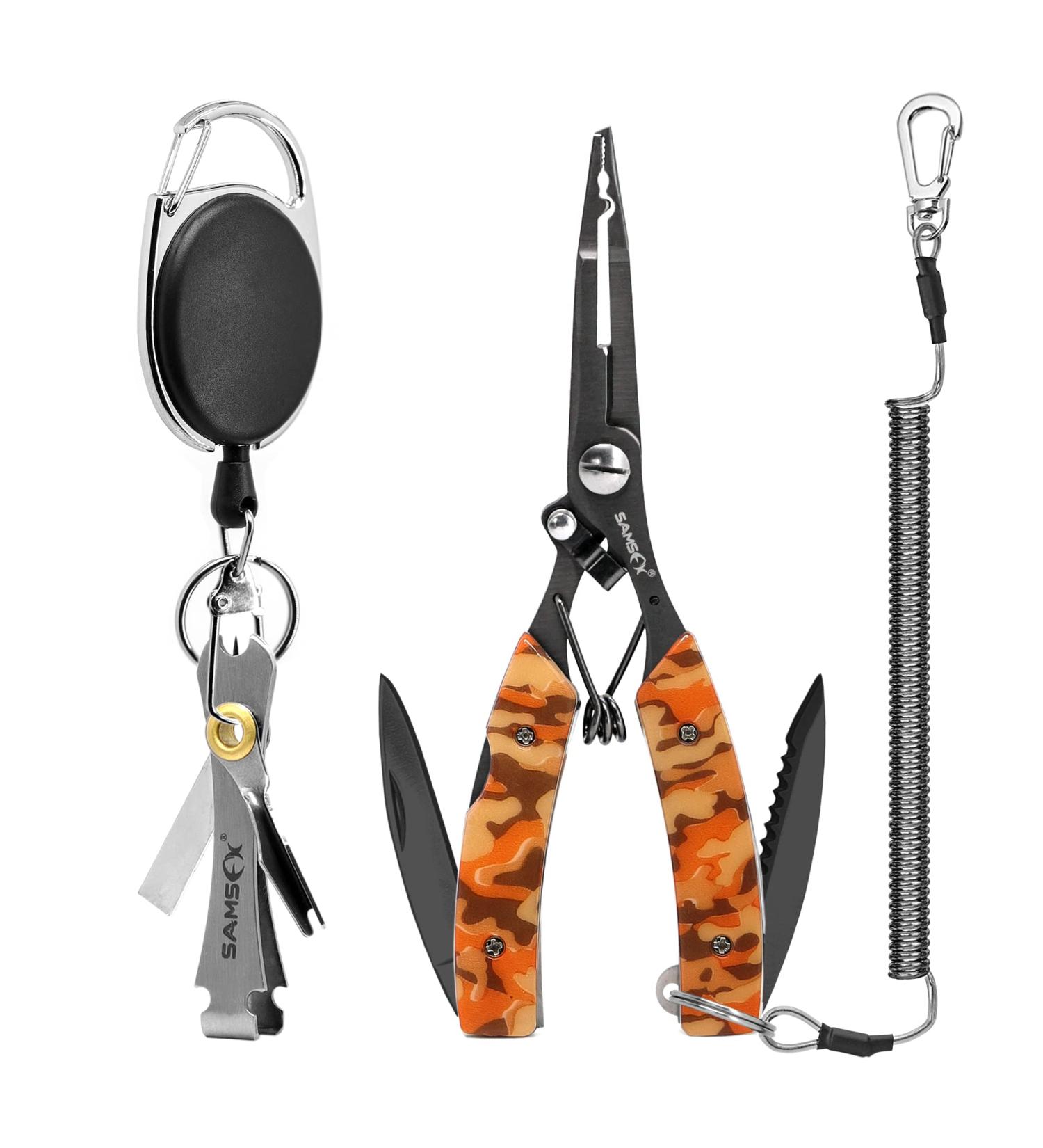 SAMSFX Locking Fishing Pliers - Saltwater Resistant Teflon Coated Braid Line Cutters | with Wire Coiled Lanyard, Sheath & Quick Knot Tool | Orange Camouflage - Buy Online on GoSupps.com