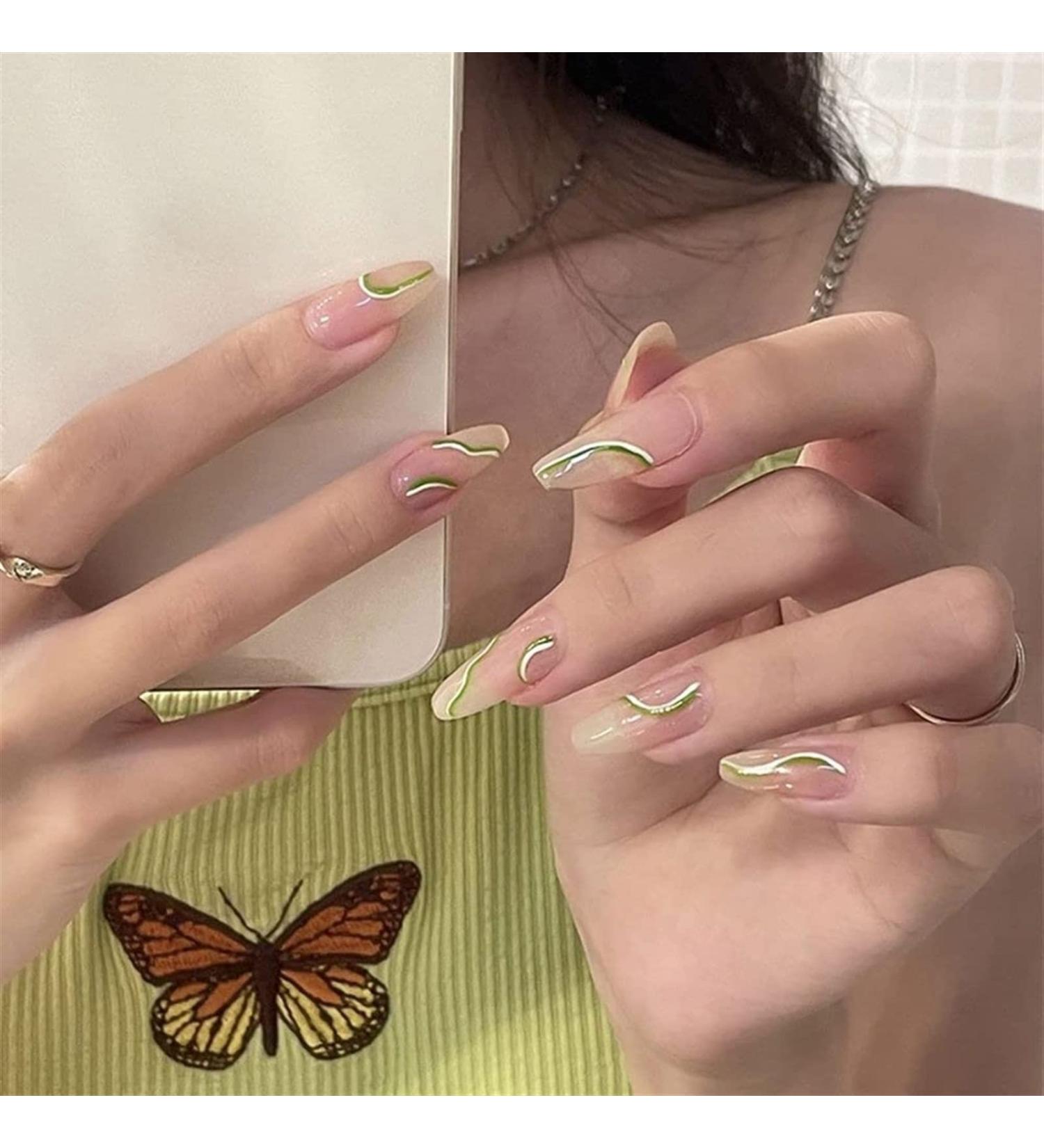 Press-on Nails 24pc Spring New Green White Wavy Lines Detachable Long Ballerina False Nails with Design Wearable False Nails Full Cover Nail Tip - Buy Online on GoSupps.com