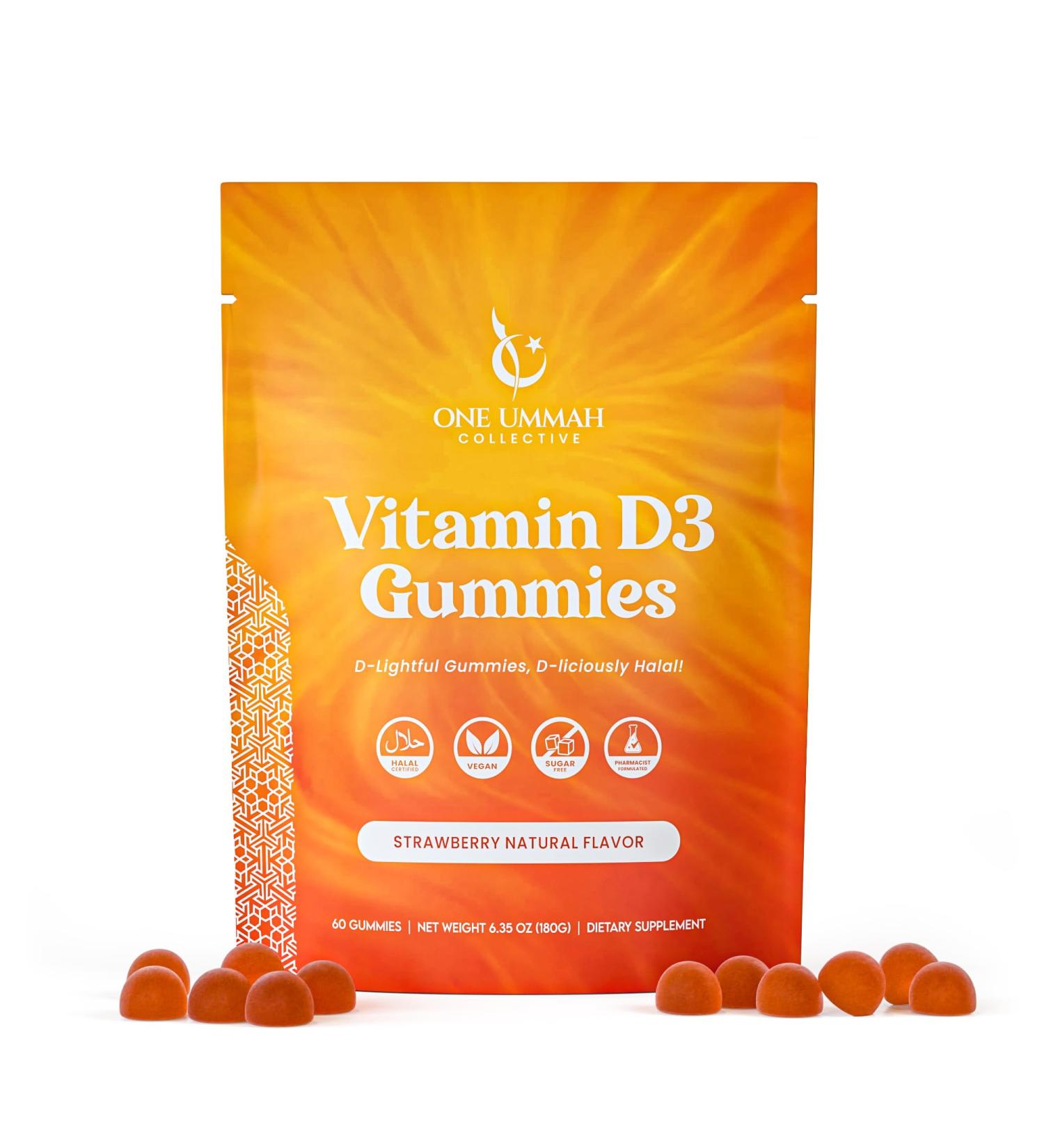 One Ummah Halal Certified Vitamin D3 Gummies 2000 IU - Sugar-Free Vegan & High Absorption - Cholecalciferol Supplement - Tasty Gummies for Adults and Kids - Buy Online on GoSupps.com