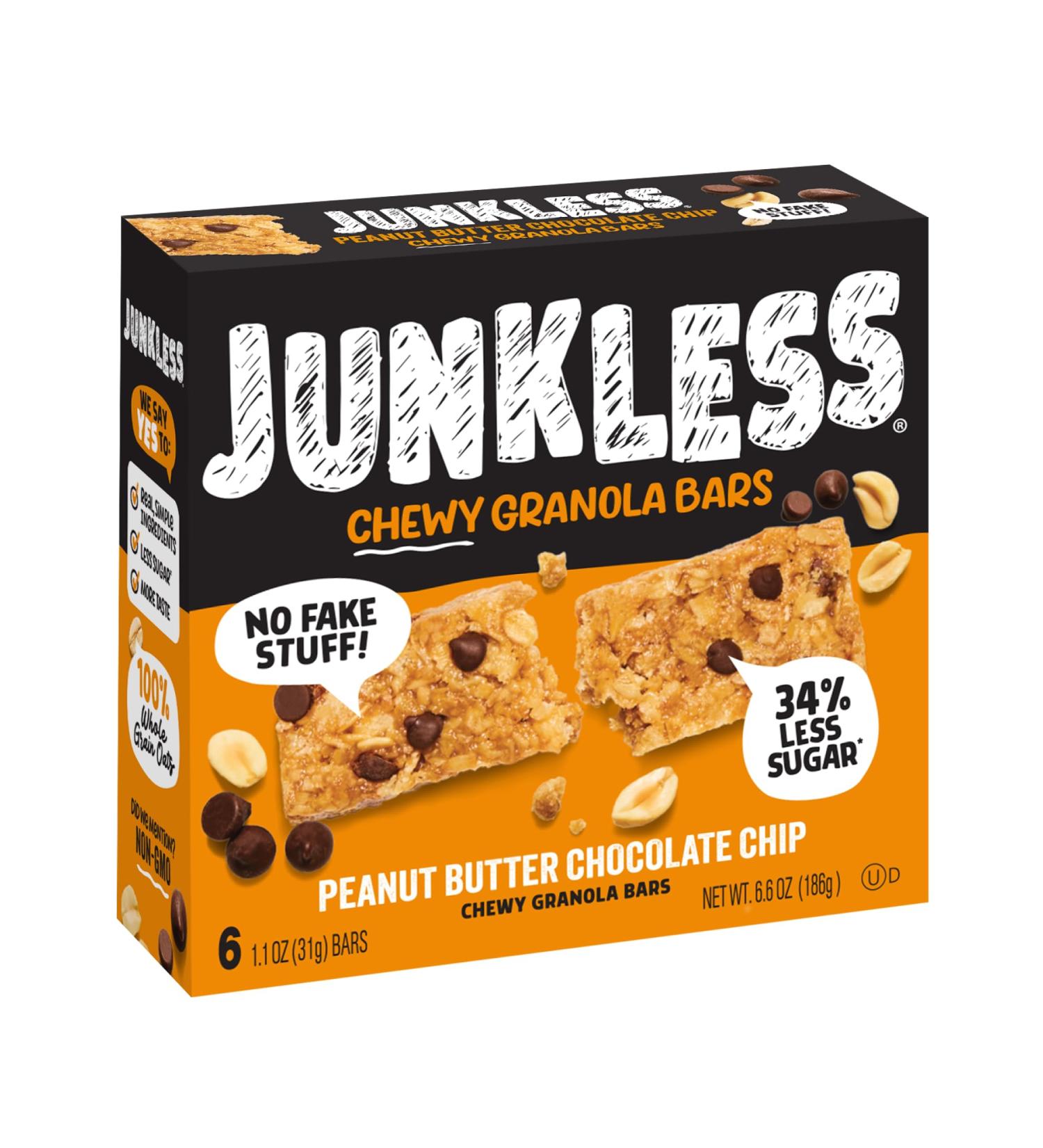 Junkless Peanut Butter Chocolate Chip Chewy Granola Bars - 6 Pack Less Sugar Wholesome Snacks Great Taste 1.1 oz Bars - International Shipping Available - Buy Online on GoSupps.com