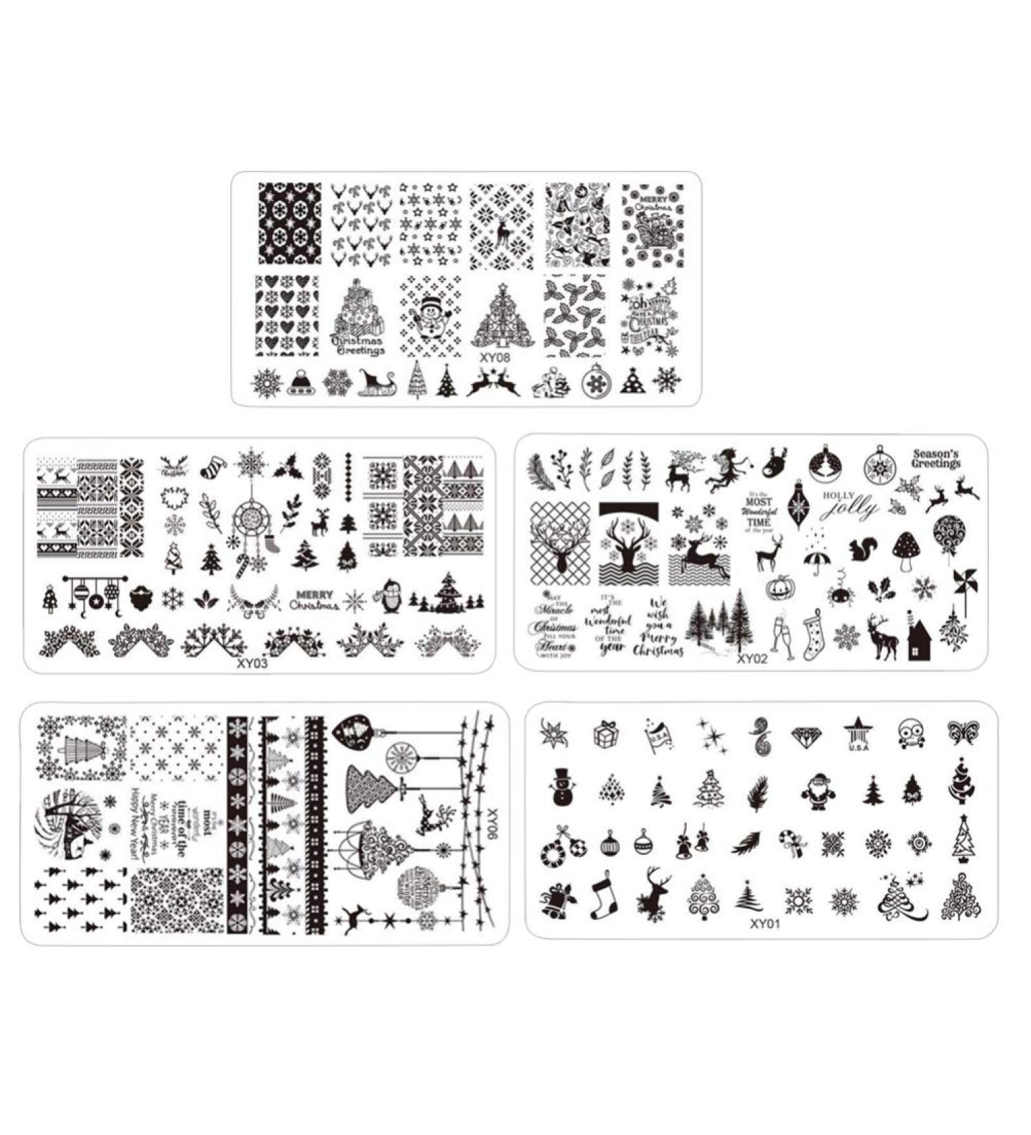 Minkissy Christmas Nail Art Stamp Plate Set - 5-Part Holiday Designs for Festive Manicures | Snowflakes Reindeers Trees & Bells - Buy Online on GoSupps.com