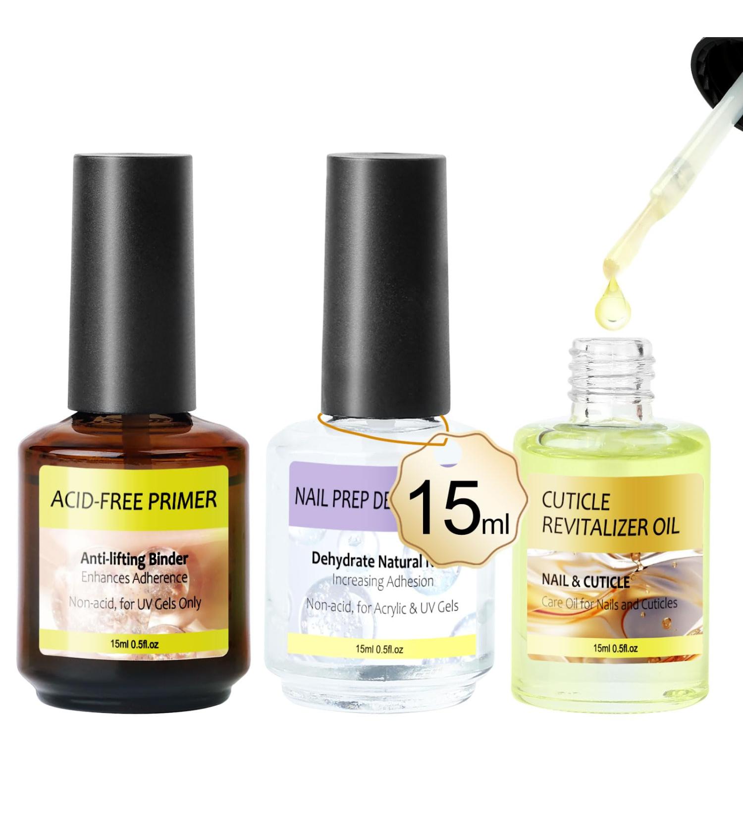 Nail Dehydrator and Primer Set - AISEELY 3PCS 15ml Natural Nail Primer and Cuticle Oil for Superior Bonding | Nail Prep Dehydrator for Manicure Kit - Buy Online on GoSupps.com