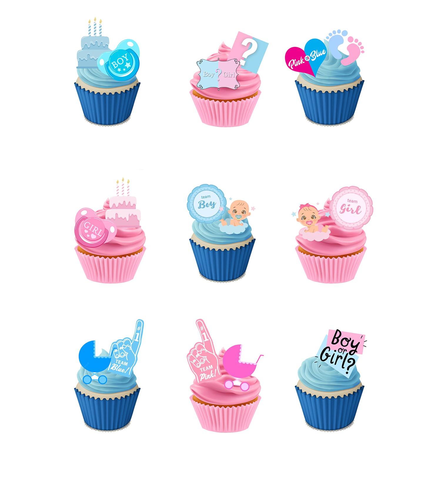 30 Stand Up Gender Reveal Boy Girl Baby Shower Themed Edible Wafer Paper Cake Toppers Decorations