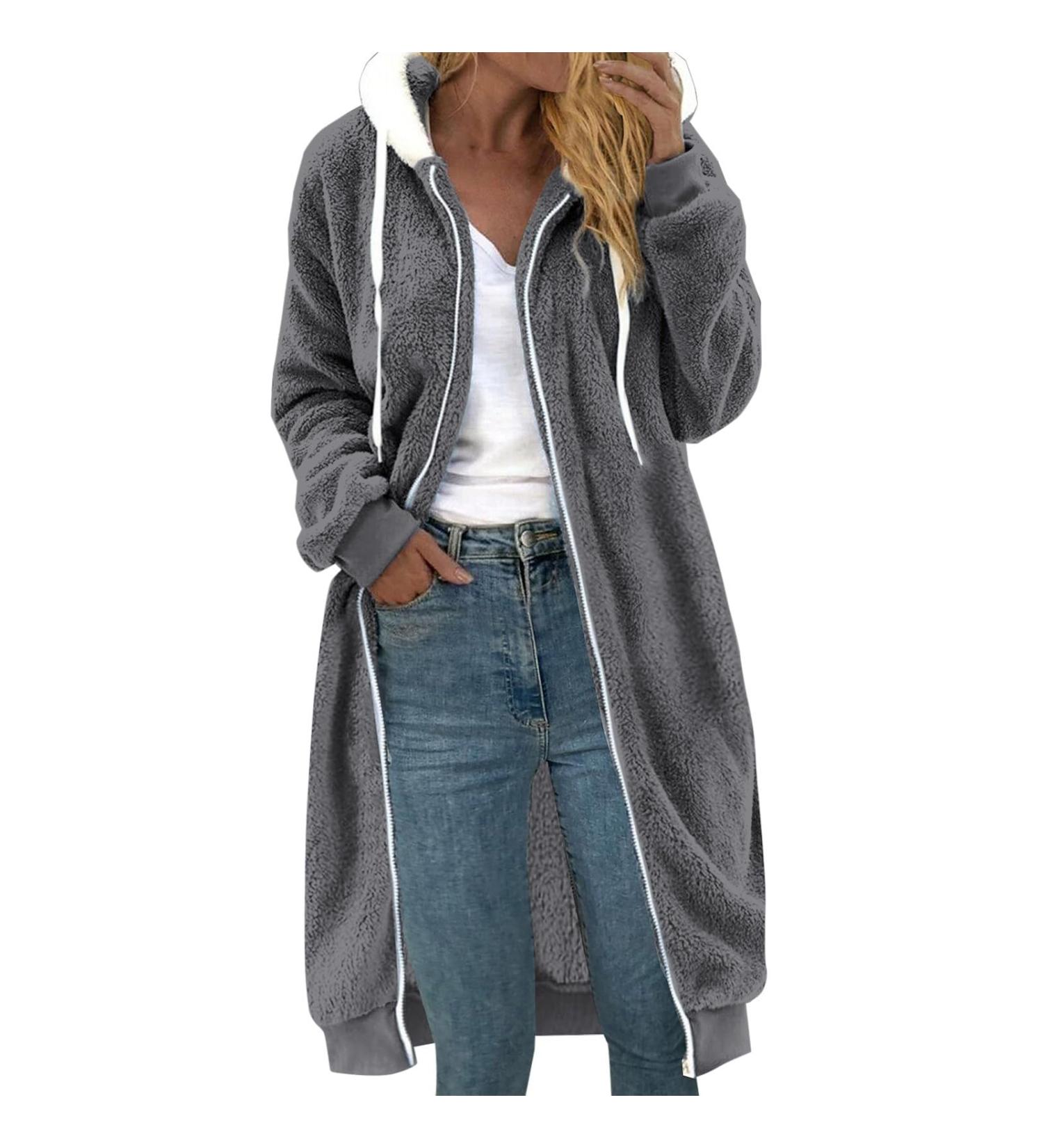 Shop Hanxiulin Women's Cuddly Fleece Jacket - Warm Breathable & Cozy Long Coat in Dark Gray | International Shipping Available - Buy Online on GoSupps.com
