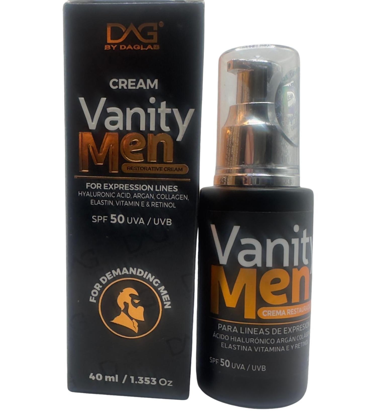 VANITY MEN Restorative Cream with Hyaluronic Acid Argan Collagen & SPF 50 - Anti-Aging Solution for Expression Lines - Buy Online on GoSupps.com