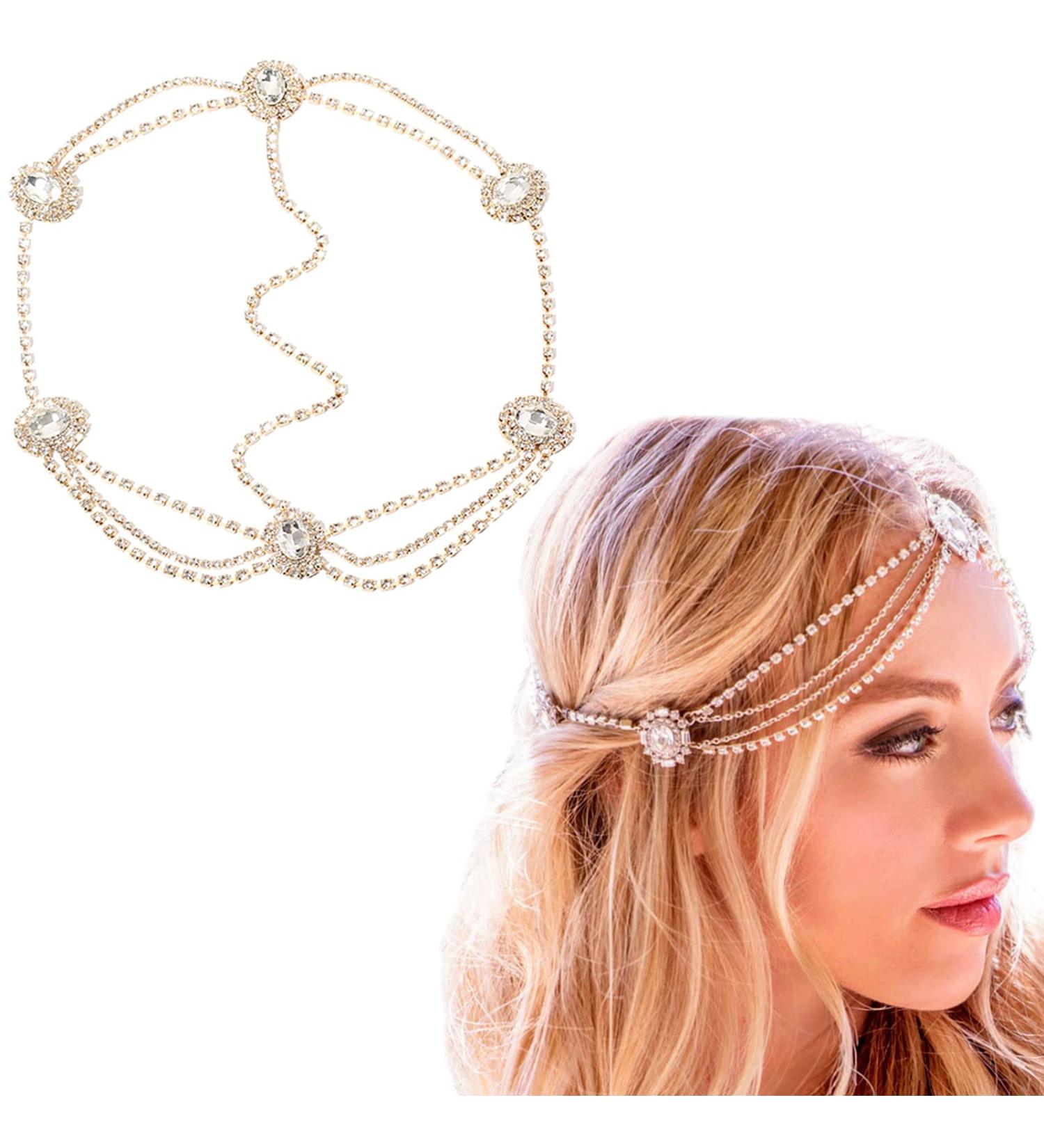 Women Rhinestone Head Chain Boho Crystal Headpiece Rose Gold Wedding Hair Accessory Gift for Her Party Headpiece for Bride Bridesmaid Girls (Gold) - Buy Online on GoSupps.com
