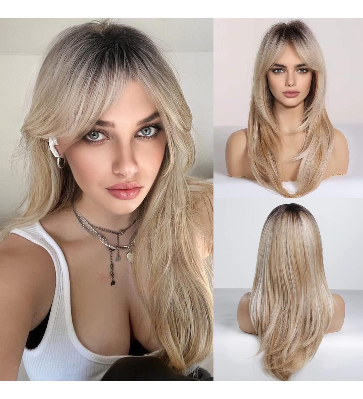 HAIRCUBE Ombre Blonde Shoulder Length Wig with Bangs | Synthetic Layered Wigs for Daily Party | Dark Roots | 24IN - Buy Online on GoSupps.com