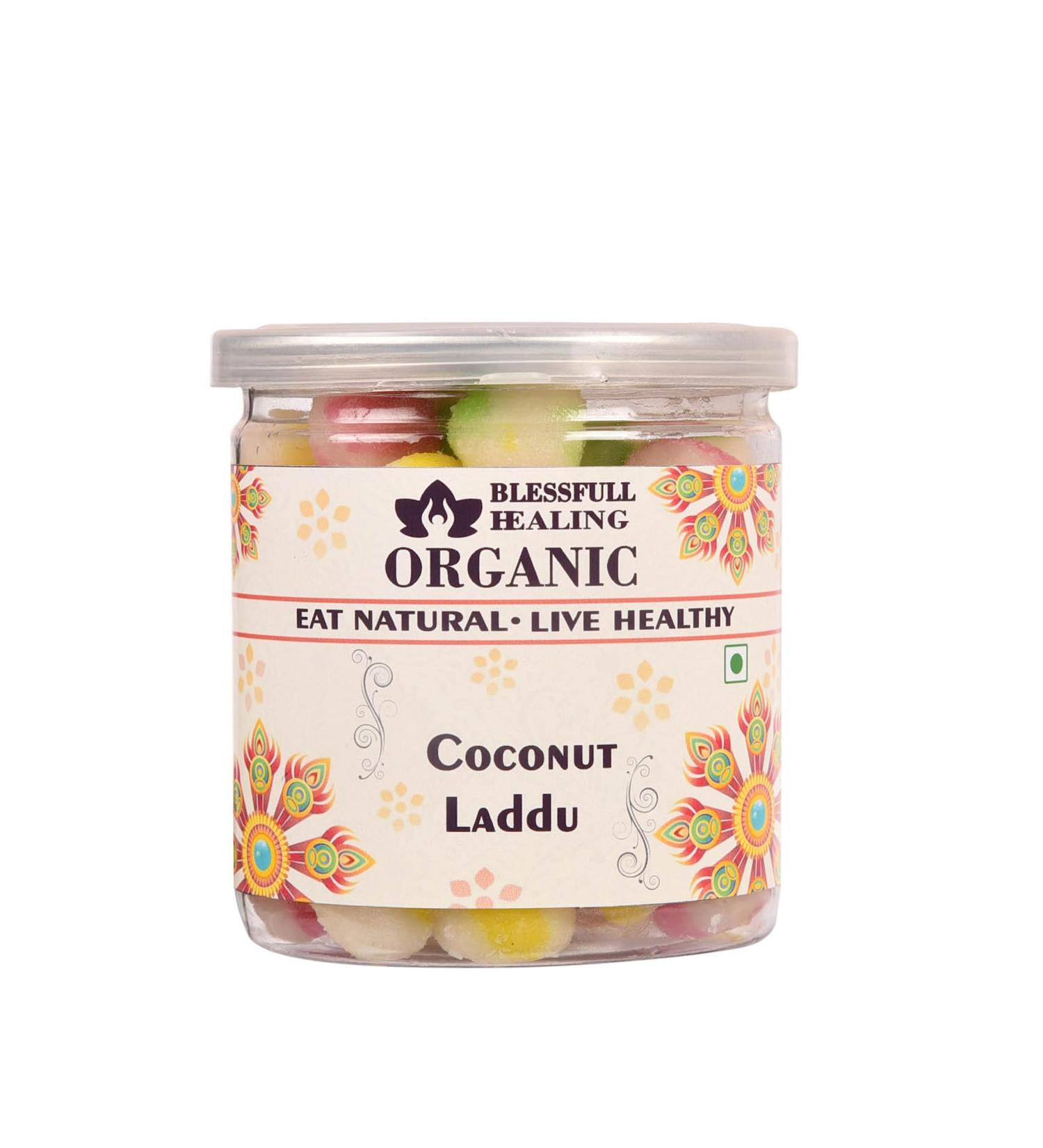 Blessfull Healing Organic Coconut Laddu 300 Gram Airtight Container (Packing May Vary)