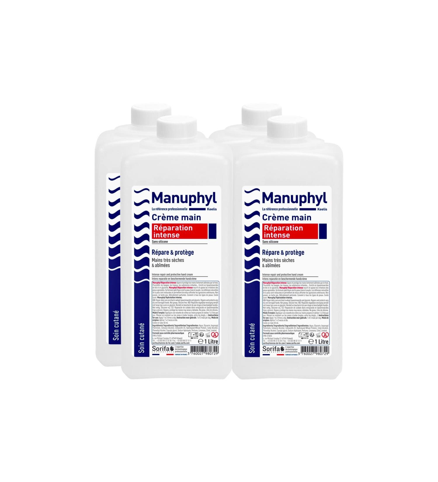 SORIFA - Set of 4 Manuphyl Intense Repair - Very dry and damaged hands - Low greasy slightly fragrant enriched with glycerin and wheat protein - 1L bottle - Buy Online on GoSupps.com