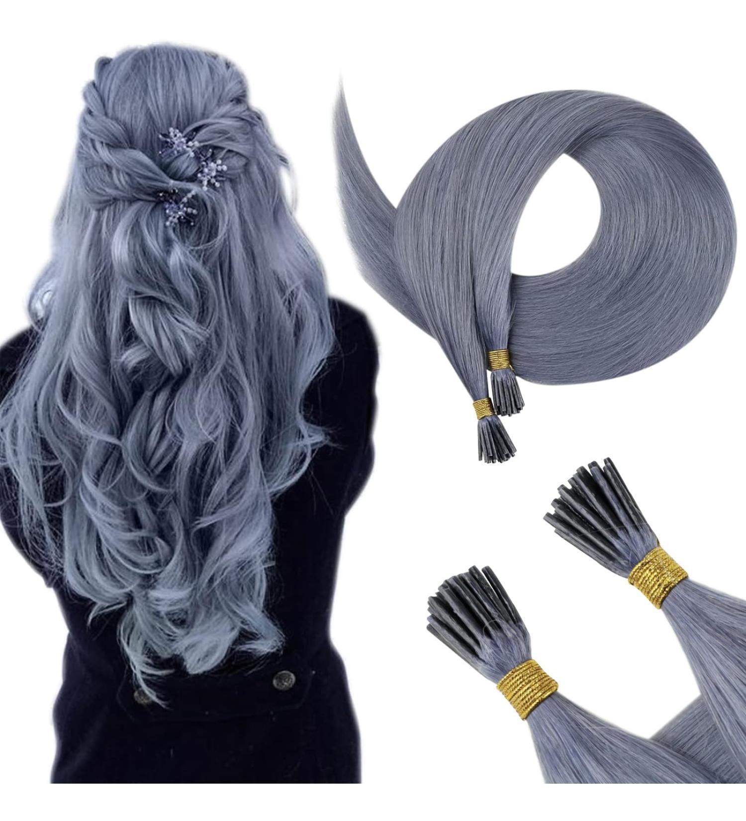 Runature Real Hair Extensions - Gray Blue 45 cm Remy Keratin I-Tip | 25 Strands 18 Inch #GrayBlue #LightBlue - Buy Online on GoSupps.com