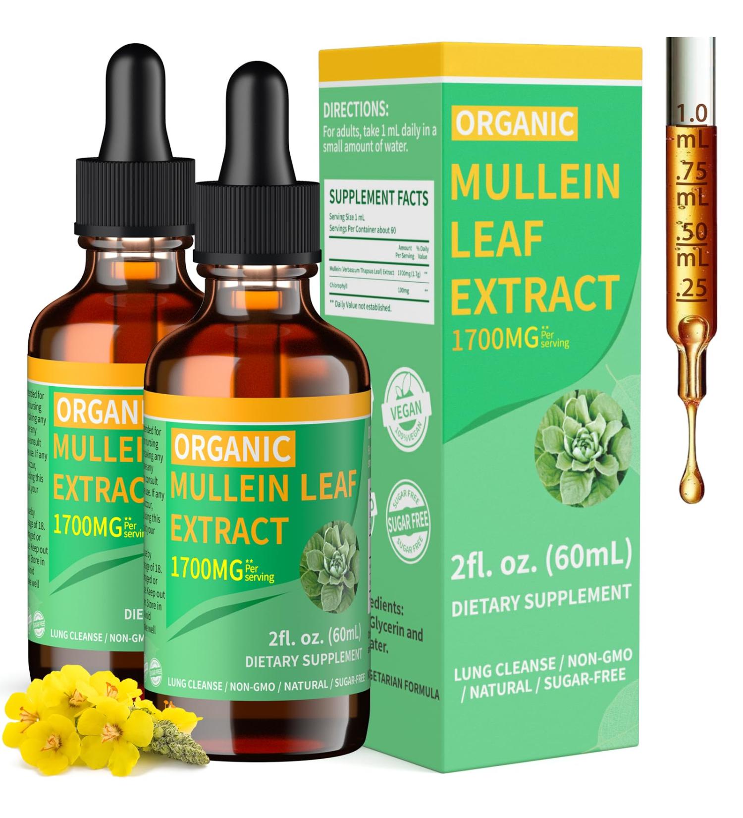 Mosslly 2 Pack 1700mg Mullein Drops for Lungs Organic Mullein Leaf Extract for Lungs Cleanse Mullein Supplement Tincture Drops for Immune & Respiratory Support Non-GMO & Vegan 2 Fl Oz (2) - Buy Online on GoSupps.com
