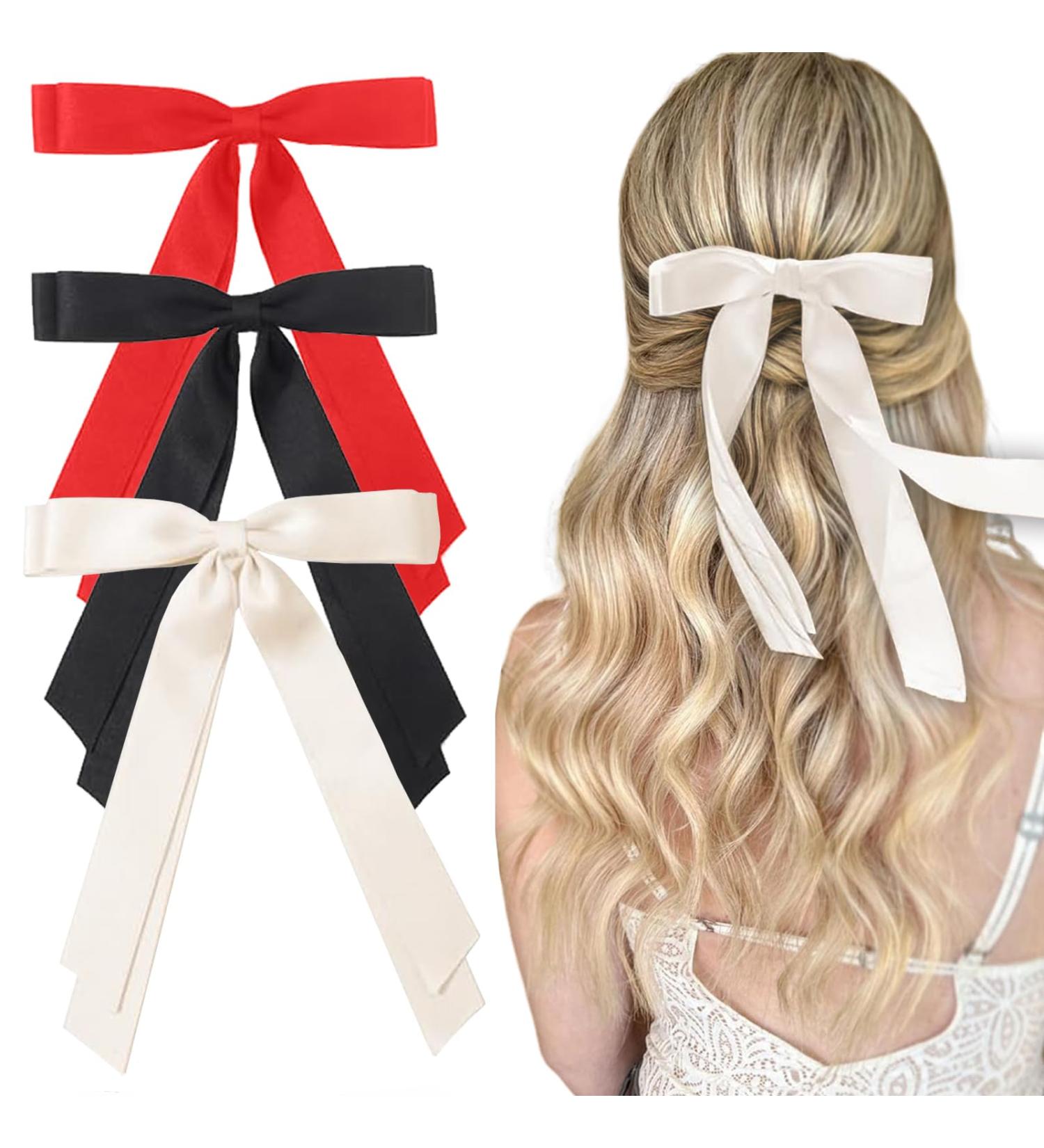 3pcs Bow Hair Clips with Long Tail Colorful Satin Bowknot Hair Clips Accessories for Girls Women Bow Claw Clip Ribbon Hair Barrettes Bow Tassel Hair Clips - Buy Online on GoSupps.com