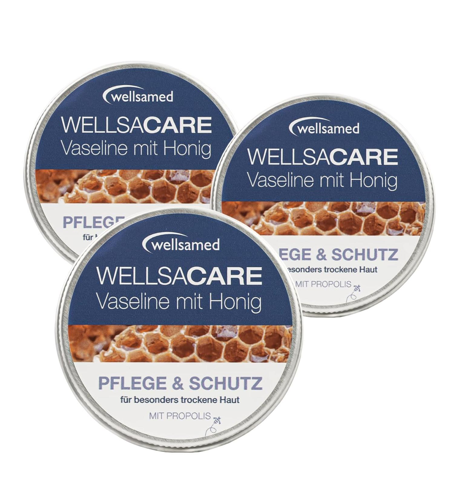Wellsamed Wellsacare Vaseline Cream 150 ml 3 x 50 ml with honey marigold and St Johns wort for dry skin and lips cares and protects moisturizing cream with vitamin E and propolis honey 50 ml 3er Pack - Buy Online on GoSupps.com
