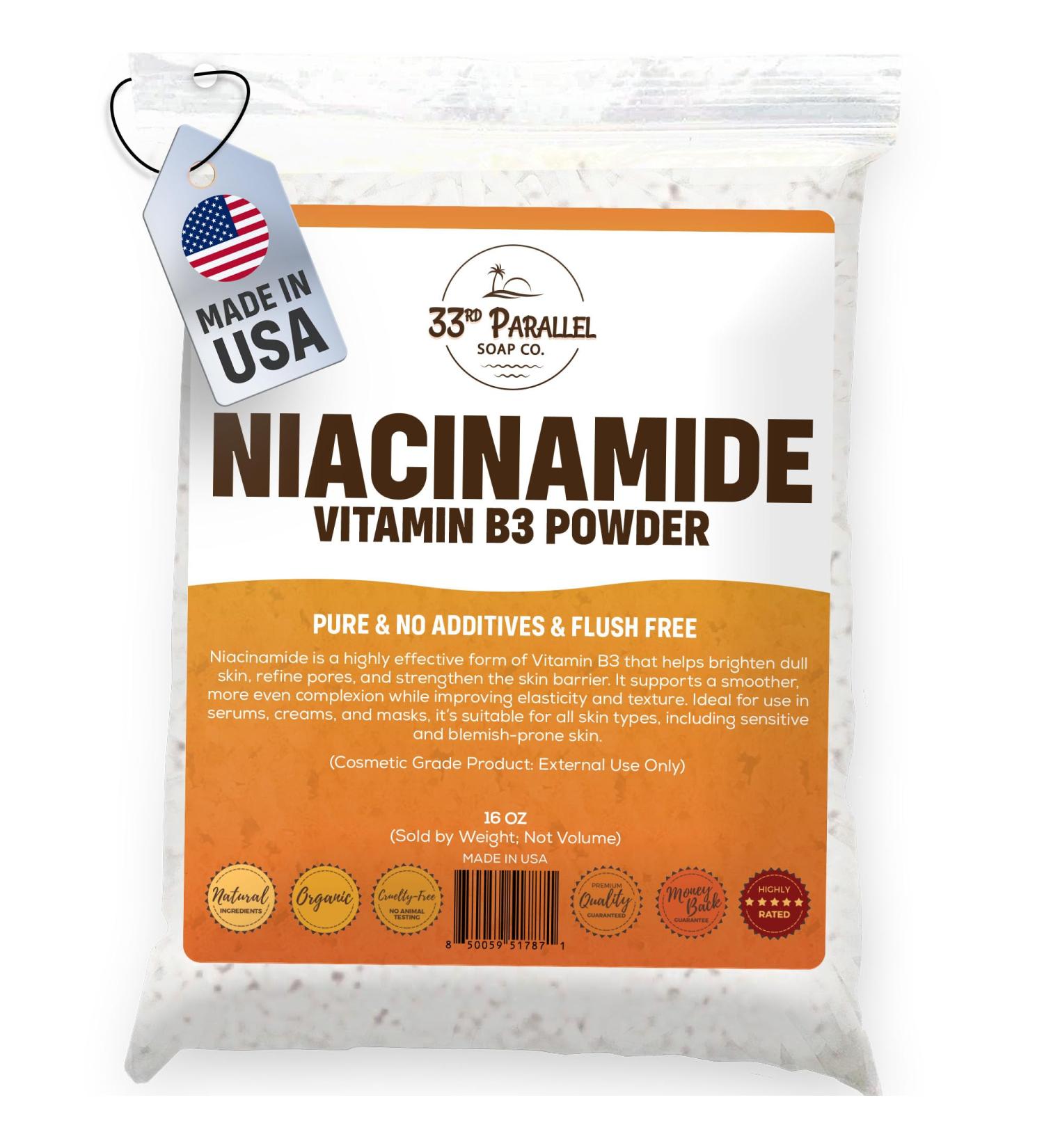 33RD PARALLEL SOAP CO. Niacinamide Powder Vitamin B3 (1 Lbs / 16oz) Brightens Skin, Reduces Dark Spots, Boosts Collagen & Hydration for Serums, Creams, Toners & DIY Skincare | 1 Pound - Buy Online on GoSupps.com