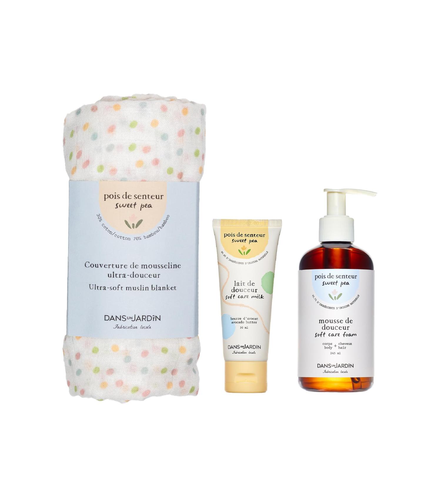 DANS UN JARDIN - Babycare Gift Set Made in Canada with over 95% of Natural Origin Ingredients - Soft Care Foam Soft Care Milk & Ultra-Soft Muslin Blanket - Skin-Friendly Babycare Products - Pack of 3 - Buy Online on GoSupps.com