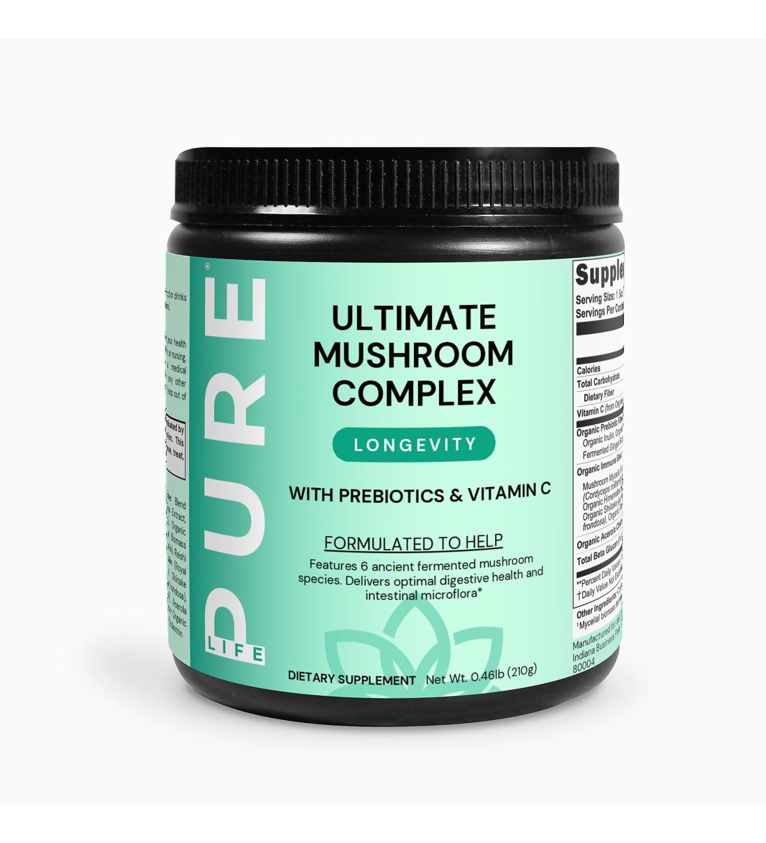 PURE LIFE Ultimate Mushroom Complex Powder with Prebiotics & Vitamin C Organic Fermented Mushroom Blend Supplement 0.46lb (210g) Reishi Cordyceps Turkey Tail & More Fruit Punch Flavor - Buy Online on GoSupps.com