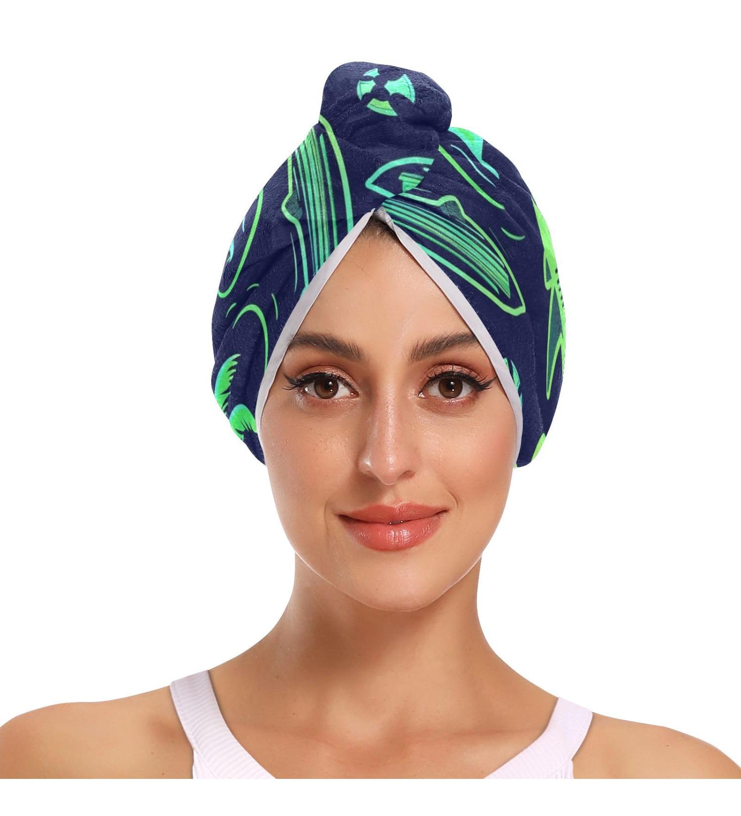 Green Shark Coconut Palm Hair Towel 2 Pack Super Absorbent Quick Dry Hair Turbans with Button Wrap for Women & Girls | International Shipping - Buy Online on GoSupps.com
