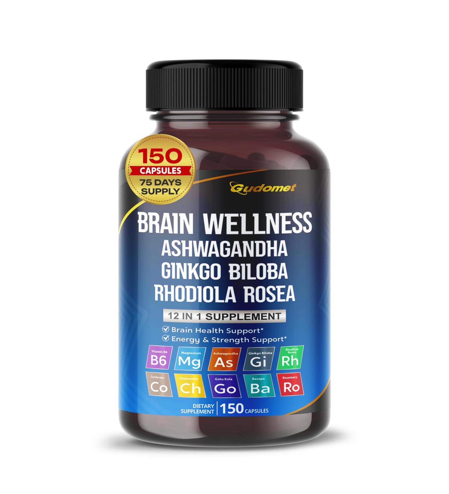 Brain Wellness Ginkgo Biloba Rhodiola Cordyceps Chamomile Ashwagandha Gotu Kola Bacopa Rosemary Holy Basil Black Pepper -150 Capsules 150 count (pack of 1) - Buy Online on GoSupps.com