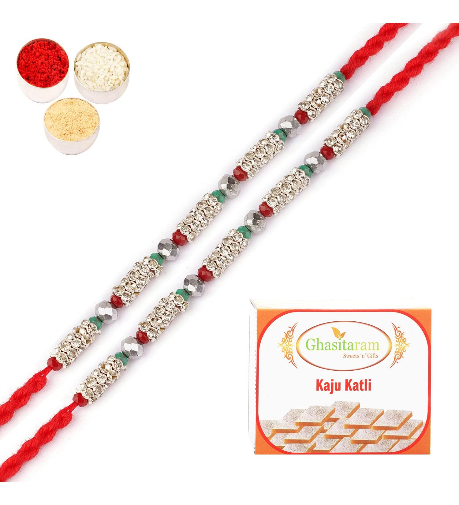 Ghasitaram Gifts Rakhi for Brother Rakhis Online - Set of 2-7077 Fancy Thread Rakhi with 400 GMS of Kaju katli Set of 2 Rakhis with 400 gms of Kaju katli - Buy Online on GoSupps.com