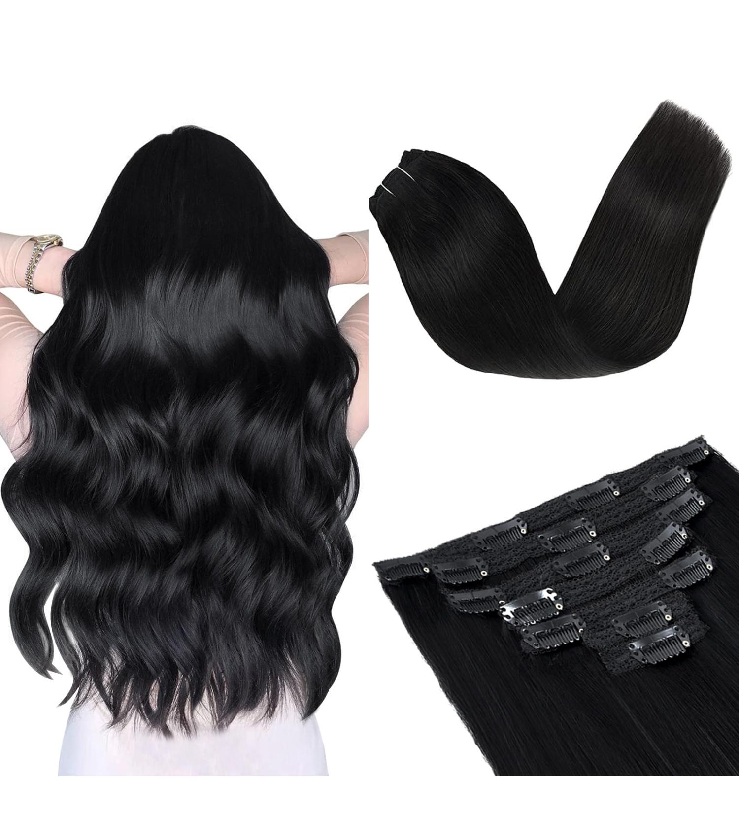 Vlasy 8 Inch Black Human Hair Clip in Extensions - Natural Thick Seamless 7 Pieces for Women - Buy Online on GoSupps.com