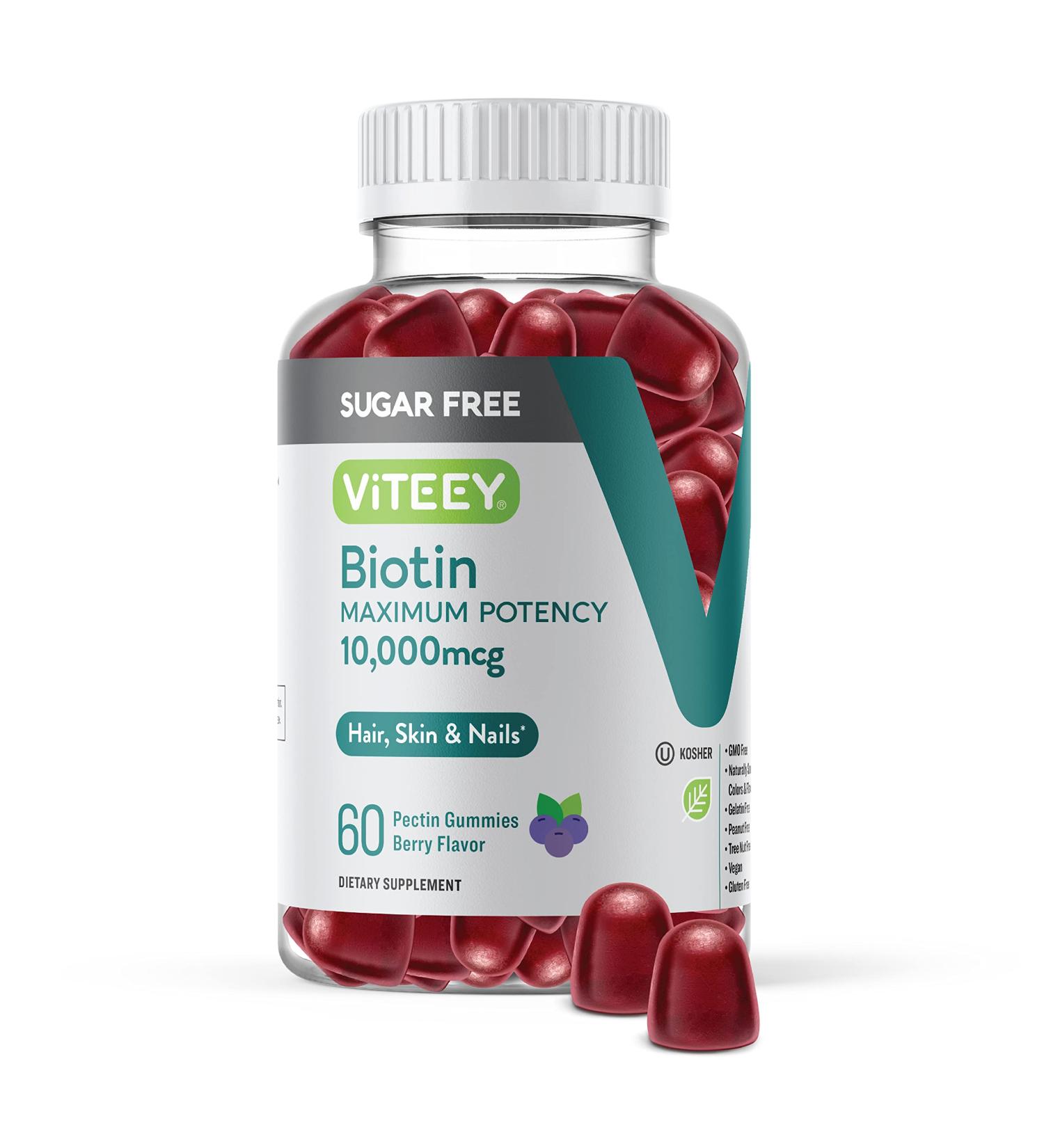 Sugar Free Biotin Gummies 10,000mcg for Healthy Hair, Skin & Nails - Vegan, Non-GMO, Gluten Free - 60 Berry Flavored Gummies - Buy Online on GoSupps.com