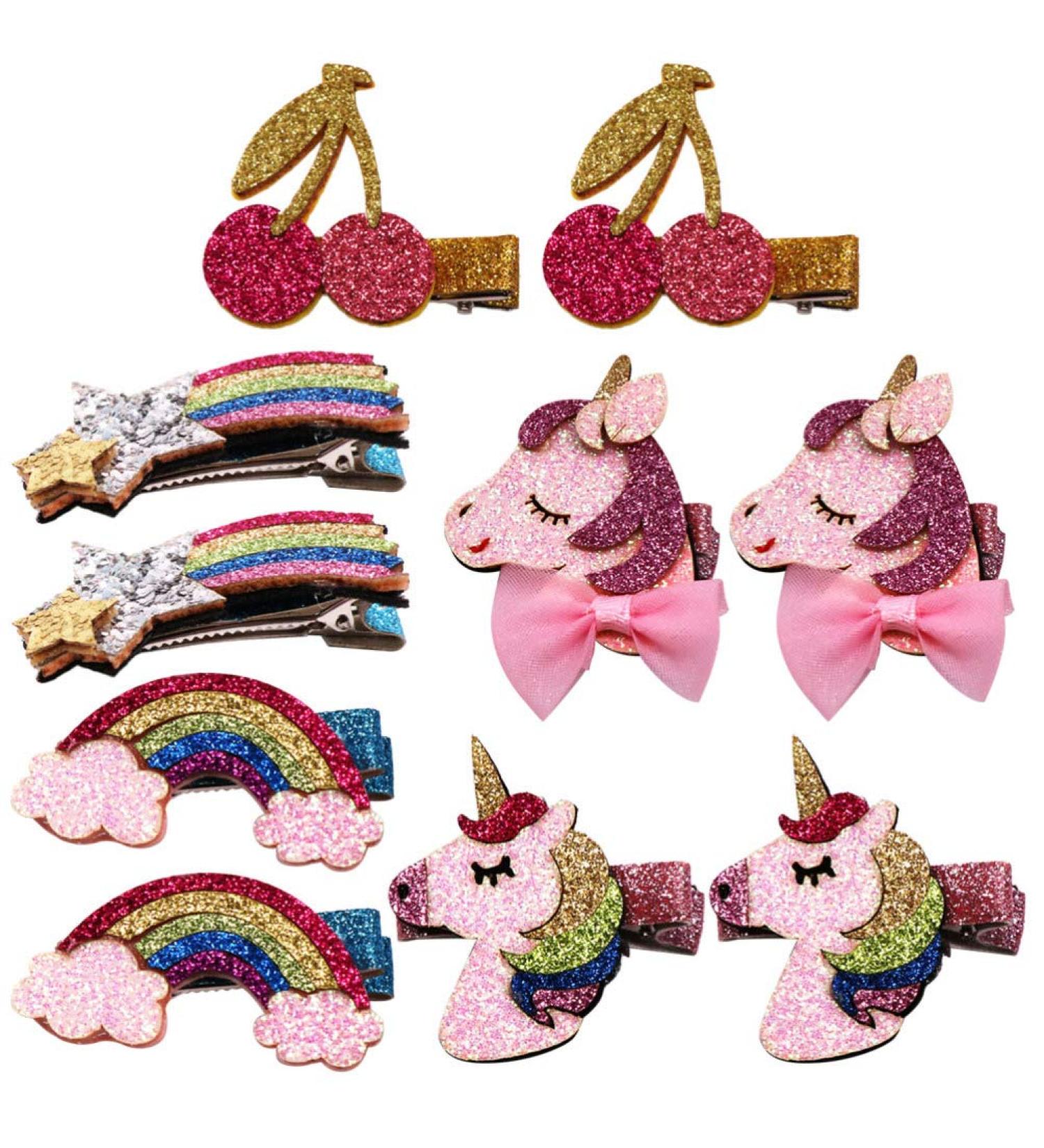 Lurrose 10Pcs Glitter Hair Clips - Rainbow Cherry Unicorn Shiny Crocodile Clips for Girls | International Shipping - Buy Online on GoSupps.com