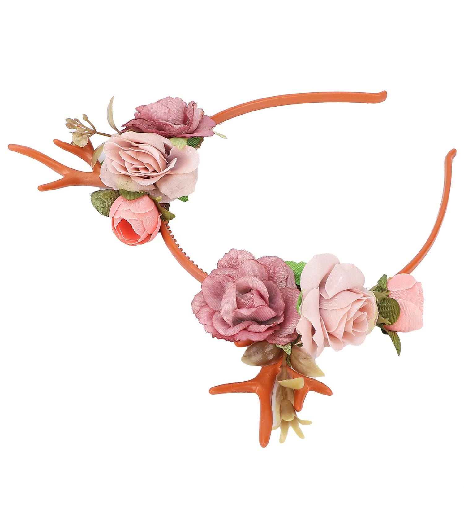 Delaman Fashionable Flower Reindeer Antlers Headband Floral Garland Crown for Party Cosplay Wedding Christmas (Dark Pink) - Buy Online on GoSupps.com