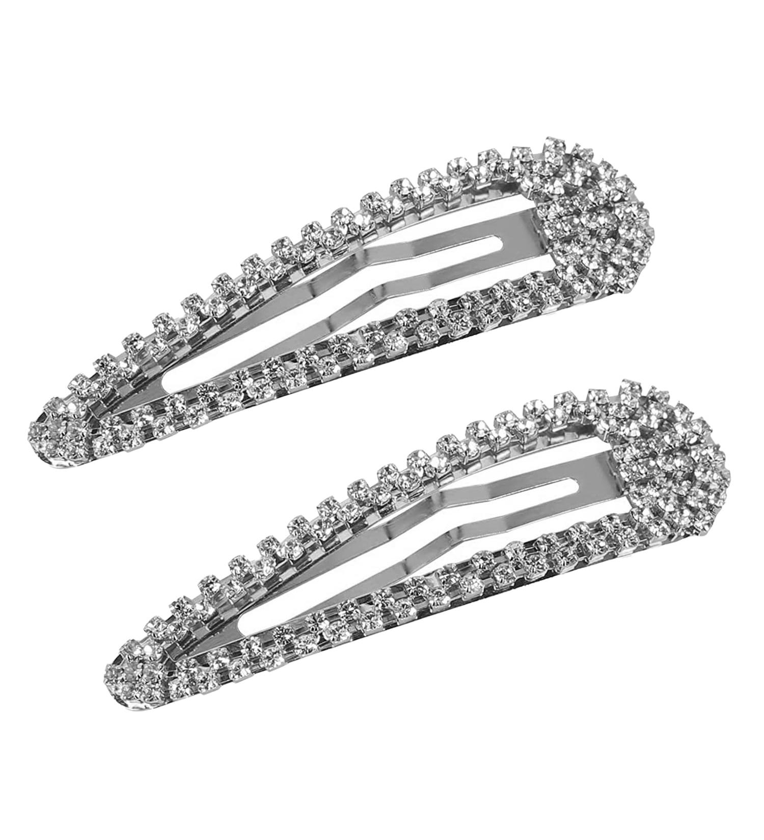 2Pcs Rhinestone Snap Hair Clips - Shining Silver Metal Clips for Women - Buy Online on GoSupps.com