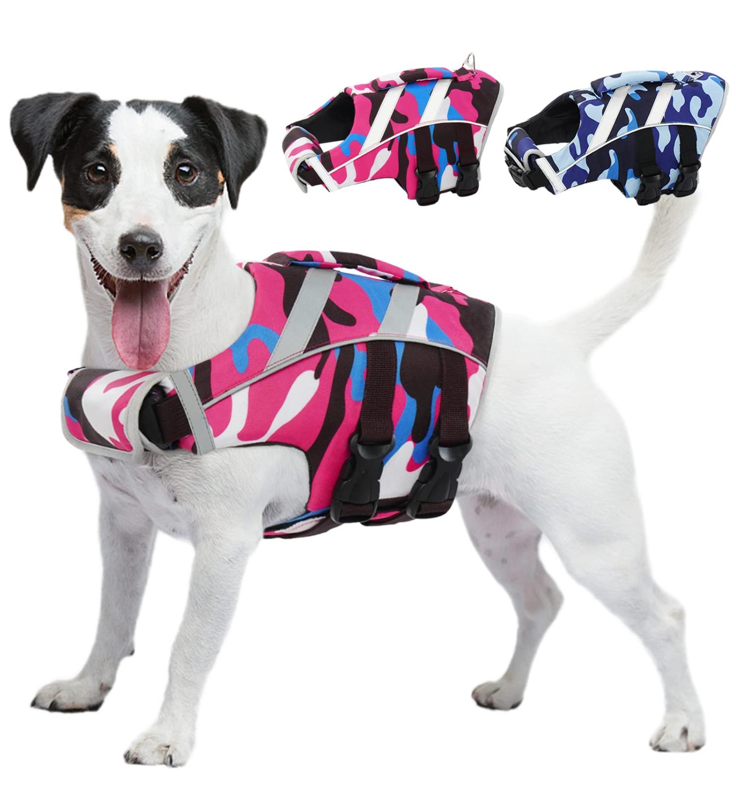 Kuoser Camouflage Dog Life Jacket - High Visibility Tear-Resistant & Buoyant for Small Medium & Large Dogs - Pink Camouflage with Rescue Handle - Buy Online on GoSupps.com
