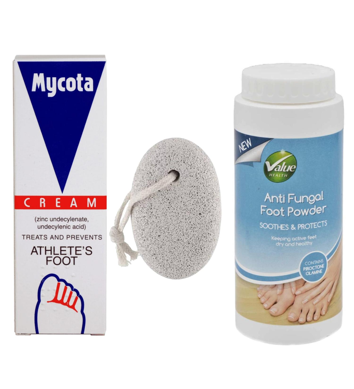 Athletes Foot Treatment Bundle: Mycota Cream 25g, Value Health Antifungal Powder 75g, Glameno Pumice Stone - Buy Online on GoSupps.com