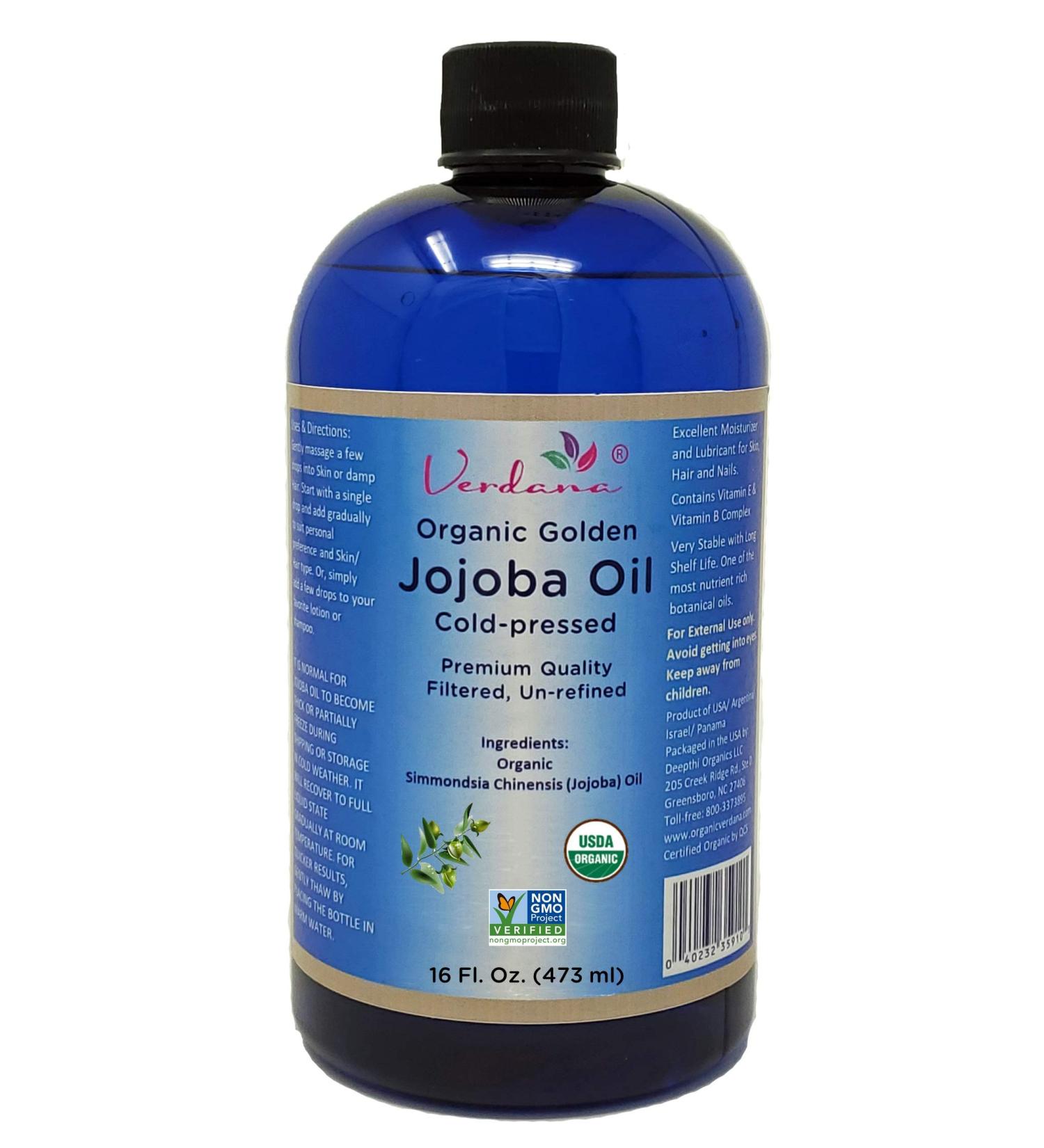 Verdana Organic Golden Jojoba Oil - USDA Certified, Cold Pressed, 100% Pure & Hexane Free - 16 Fl Oz - Buy Online on GoSupps.com