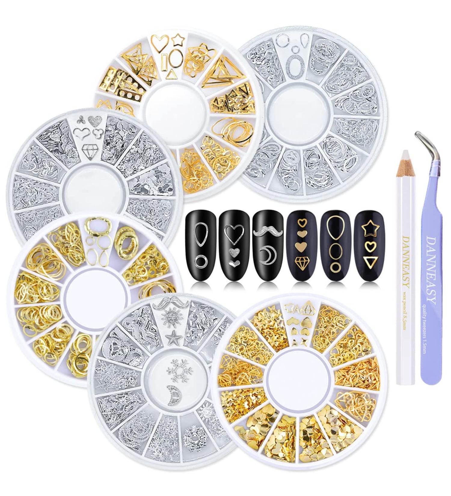 DANNEASY Gold Silver Nail Charms Set with Tweezers & Wax Pen - 3D Metal Studs for Manicure Tips and Nail Decoration (6 Wheels) - Buy Online on GoSupps.com