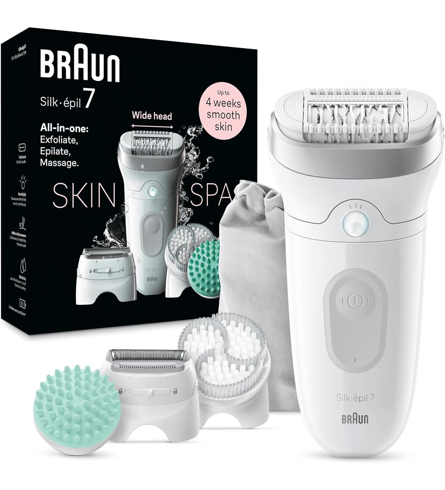 Braun Silk- pil 7 SkinSpa All-in-One Set | Best Epilator & Hair Remover for Women | Long-Lasting Hair Removal & Massage Attachment - White/Silver - Buy Online on GoSupps.com