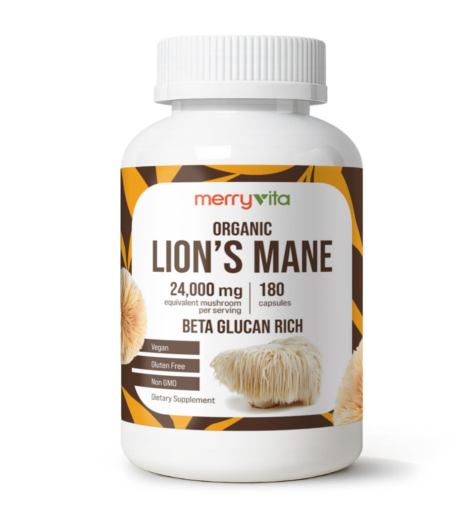 MERRY VITA Lion s Mane Supplement Capsules Mushroom Supplement for Immune Brain Memory & Focus - Non GMO Vegan Friendly - 180 Capsules - Buy Online on GoSupps.com