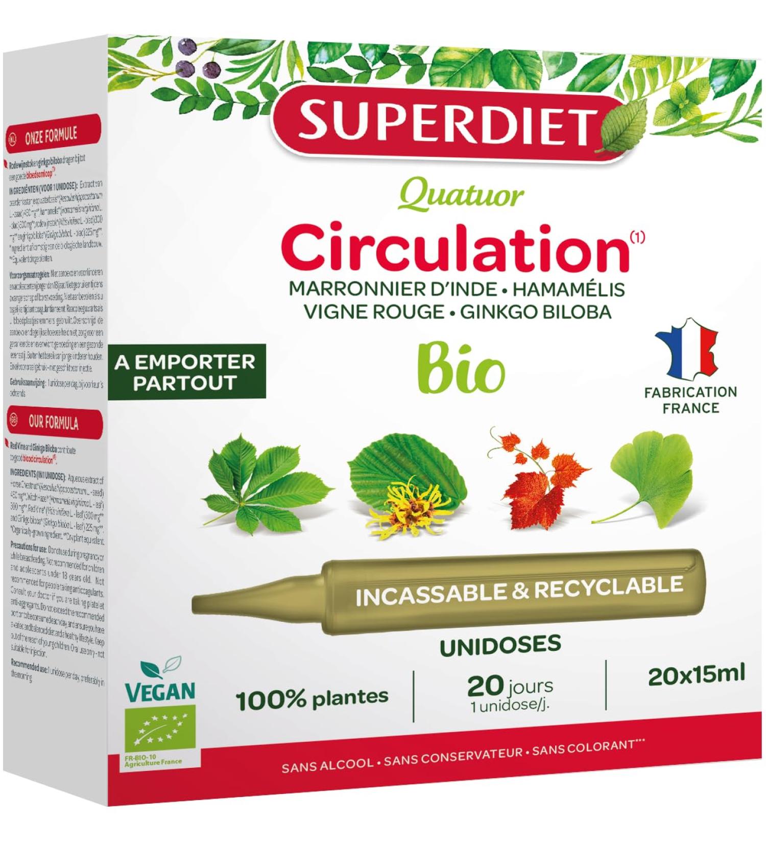SUPERDIET -QUARTET CIRCULATION BIO-Light legs-Horse chestnut Witch hazel Red vine Ginkgo biloba-Nomadic format-20 Single doses of 15ml - Buy Online on GoSupps.com