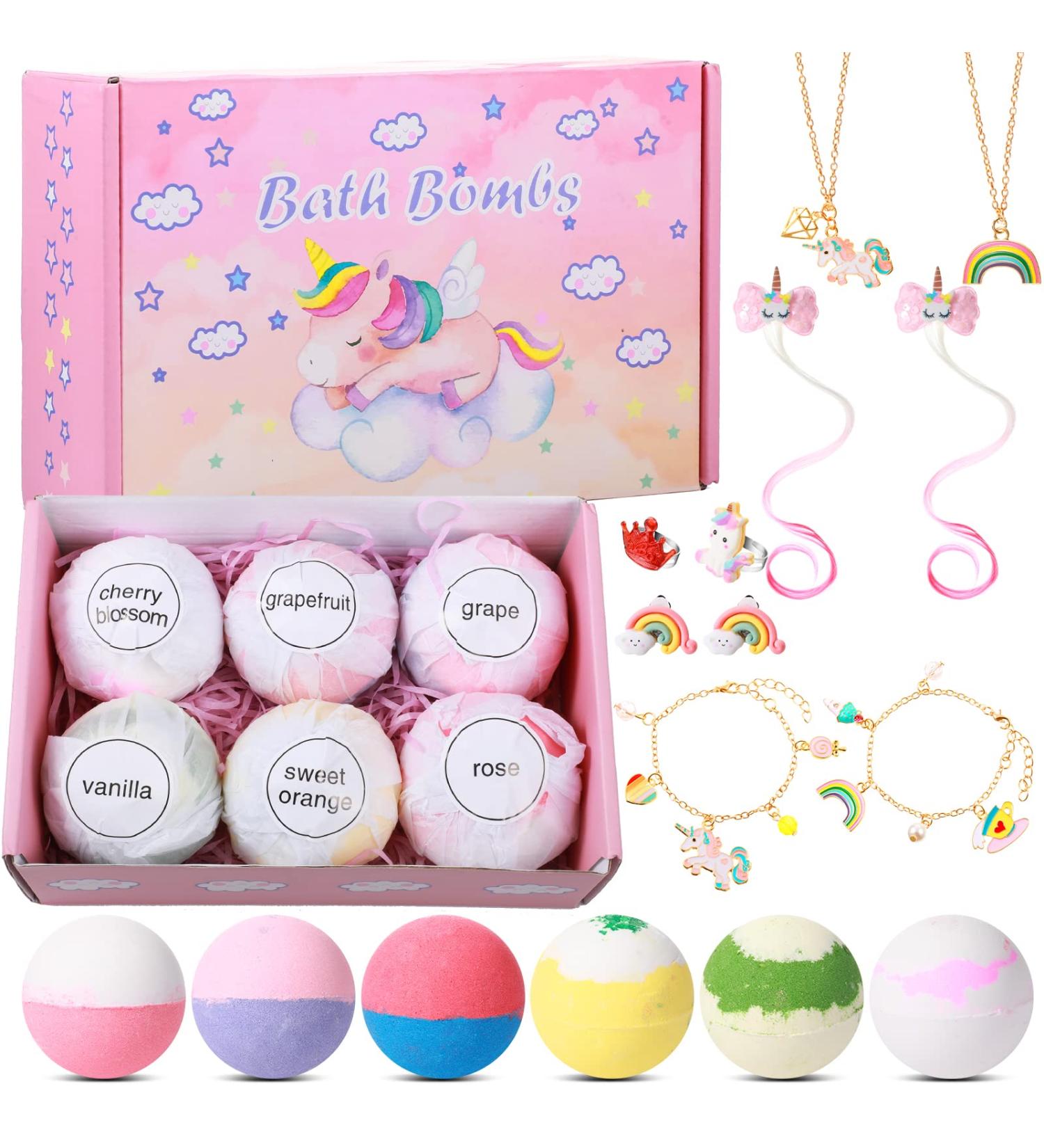 6 Pcs Kids Bath Bombs with Surprise Jewelry - Christmas Gift for Girls | Gentle Bubble Fizzy Bath Balls with Ring, Bracelet, Necklace, and Ear Clip - Unicorn Style - Buy Online on GoSupps.com