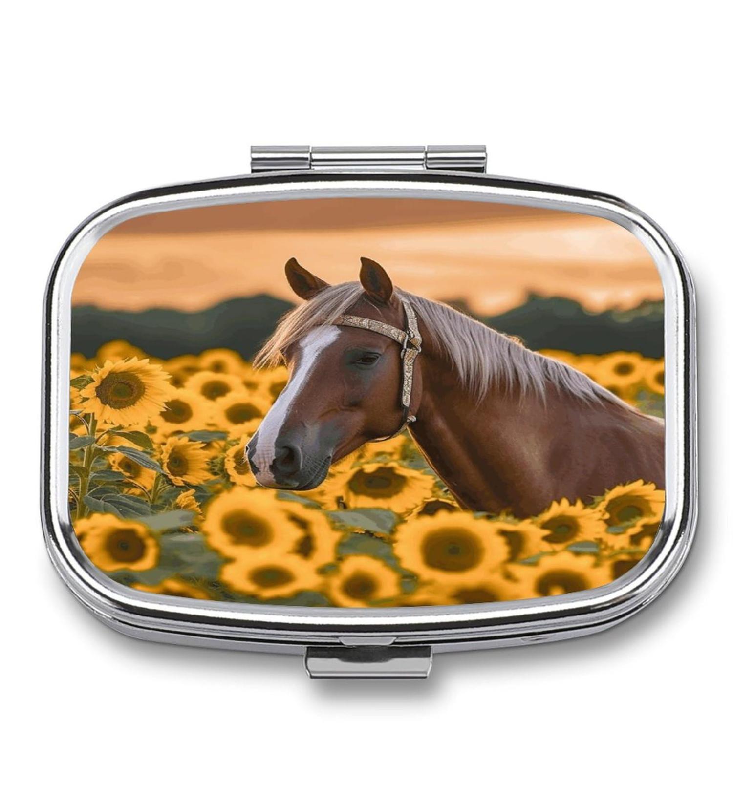 Yellow Sunflower Horse Print Pill Box | 2 Compartment Decorative Metal Organizer for Travel | Portable Medicine Case for Pocket & Purse - Buy Online on GoSupps.com