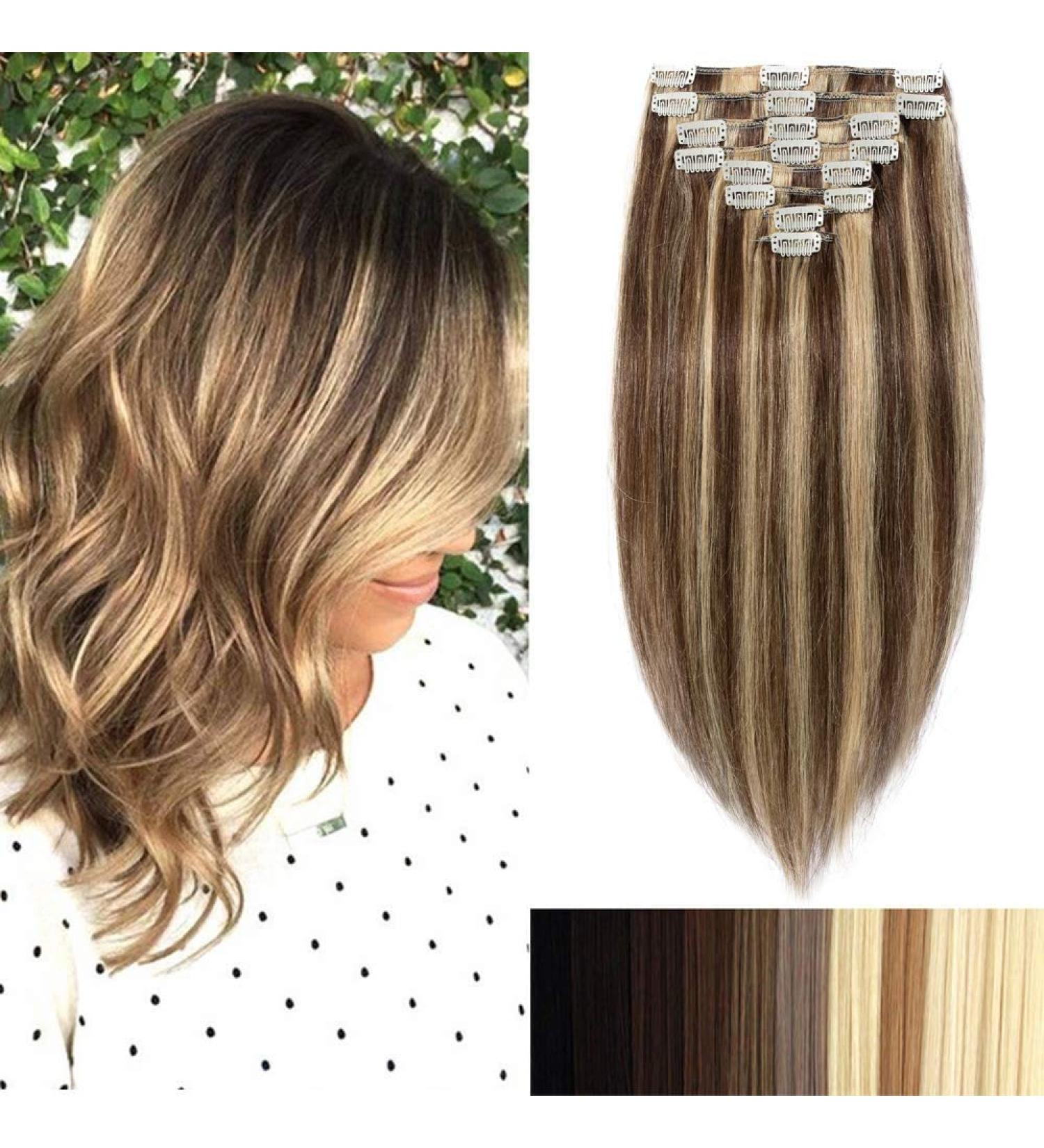 Real Remy Clip In Hair Extensions 8PCs - 40cm Medium Brown/Dark Blonde - 90g Smooth Quality - Buy Online on GoSupps.com