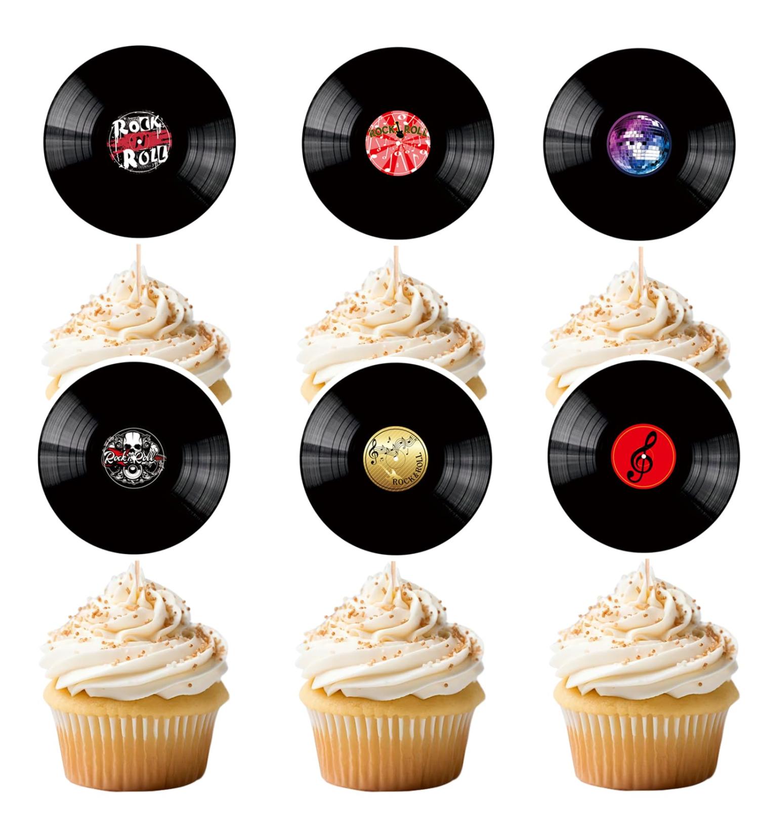 Black Glitter CD Dessert Cupcake Topper Retro 50s 60s CD Theme Theme Decor Supplies Happy Birthday Rock Roll Music Party Decorations - Buy Online on GoSupps.com