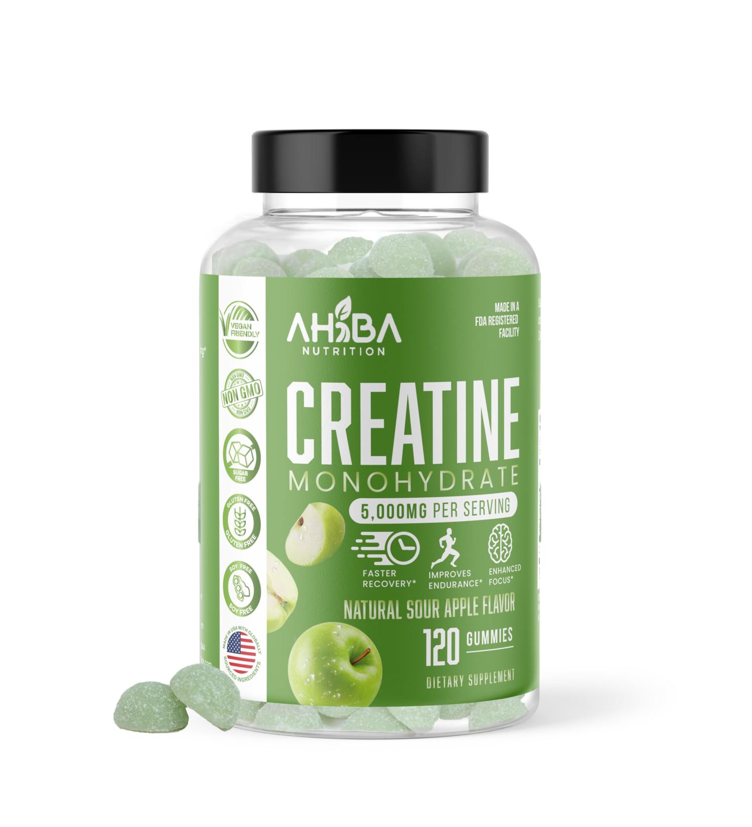 Ahiba Nutrition Creatine Monohydrate Gummies 5g per Serving, chewable, Vegan, Non-GMO, Sugar-Free, Soy-Free, Gluten-Free, Men & Women,More Strength & Recovery- Sour Apple Flavor, Made in USA - Buy Online on GoSupps.com